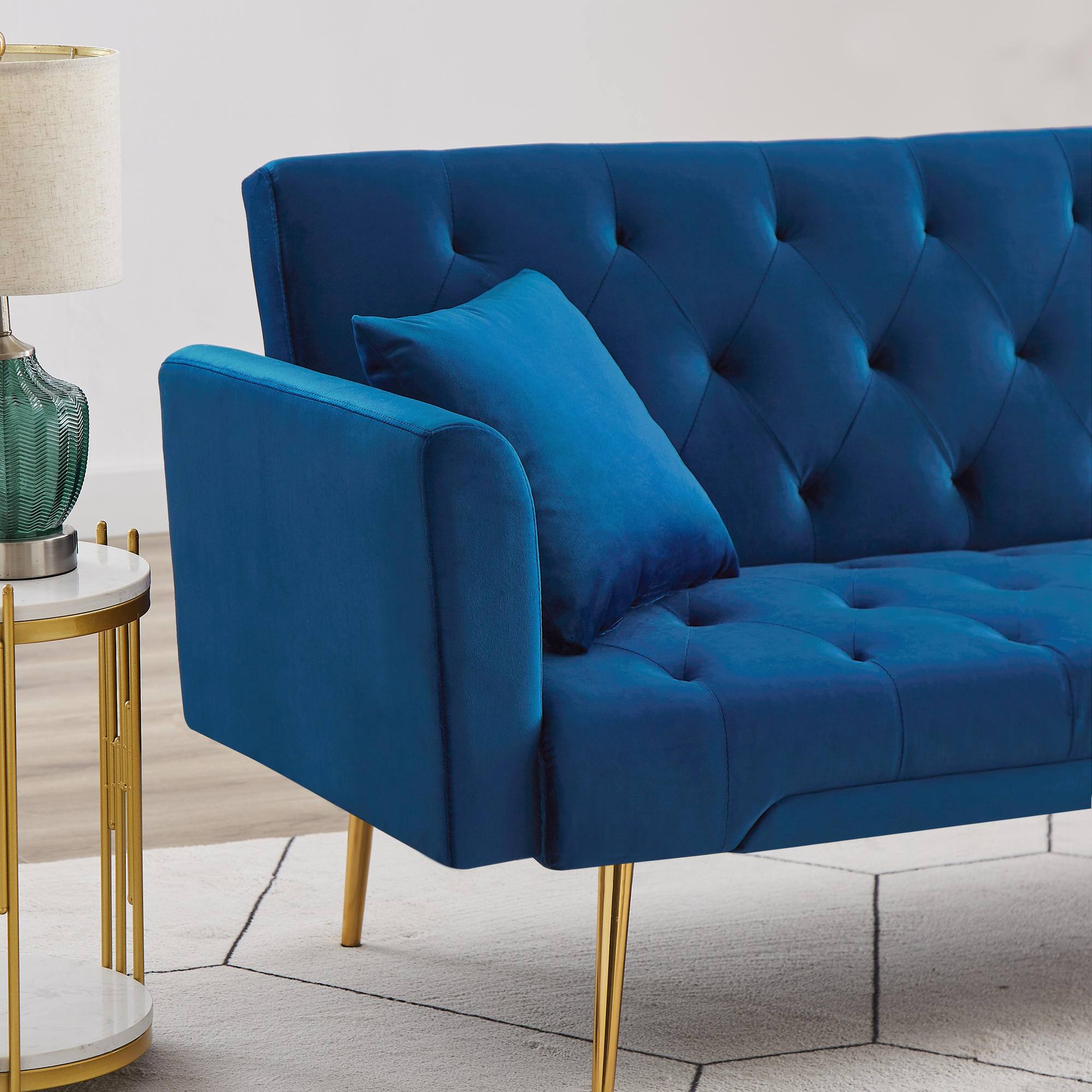 Alt View 4. Meqiodas - Convertible Sofa Bed Modern Futon Set, Velvet Foldable Reclining Loveseat, Three Adjustment Angles, Easy Assembly - BLUE.
