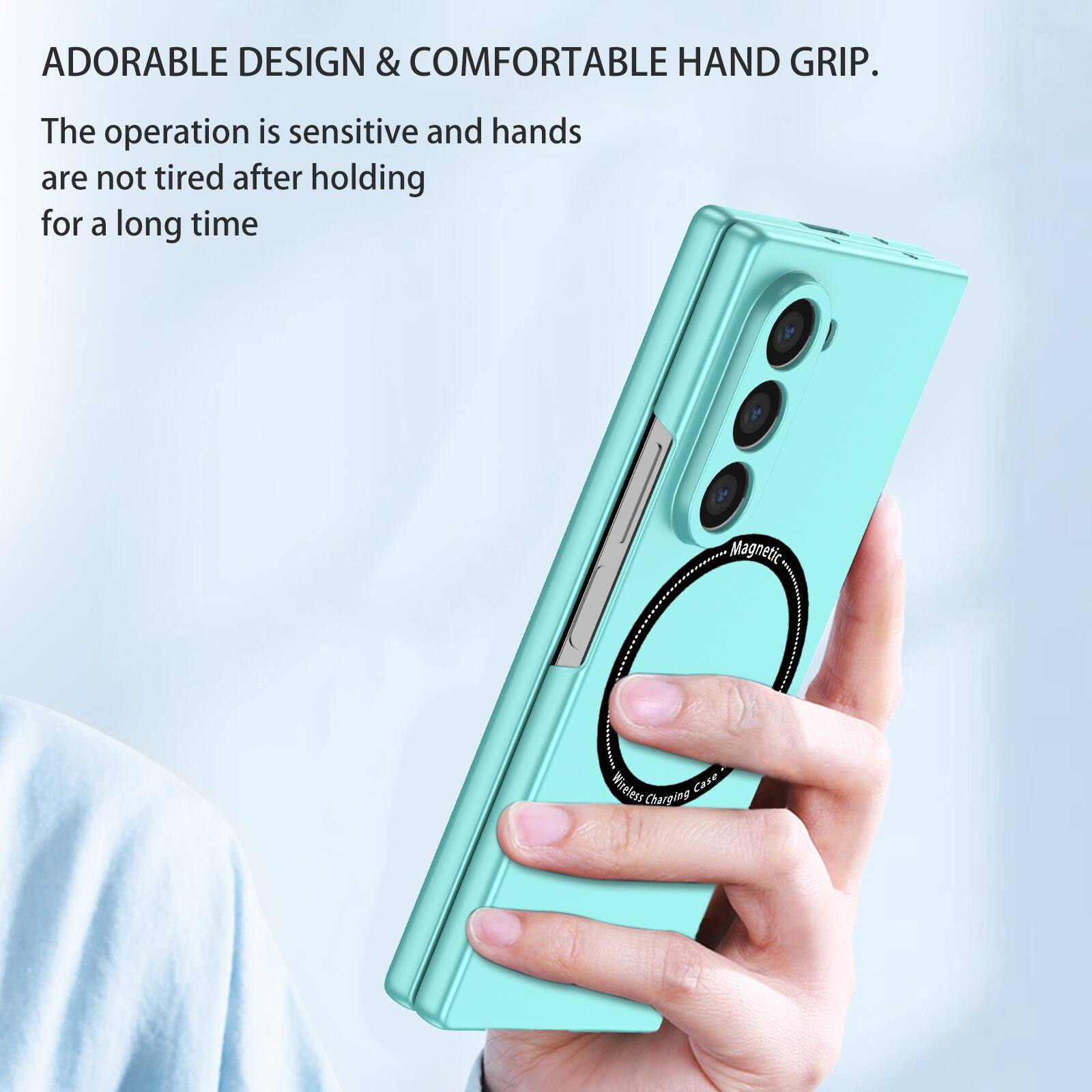 ADORABLE DESIGN & COMFORTABLE HAND GRIP.  
The operation is sensitive and hands are not tired after holding for a long time.  

Magnetic | Wireless Case Charging