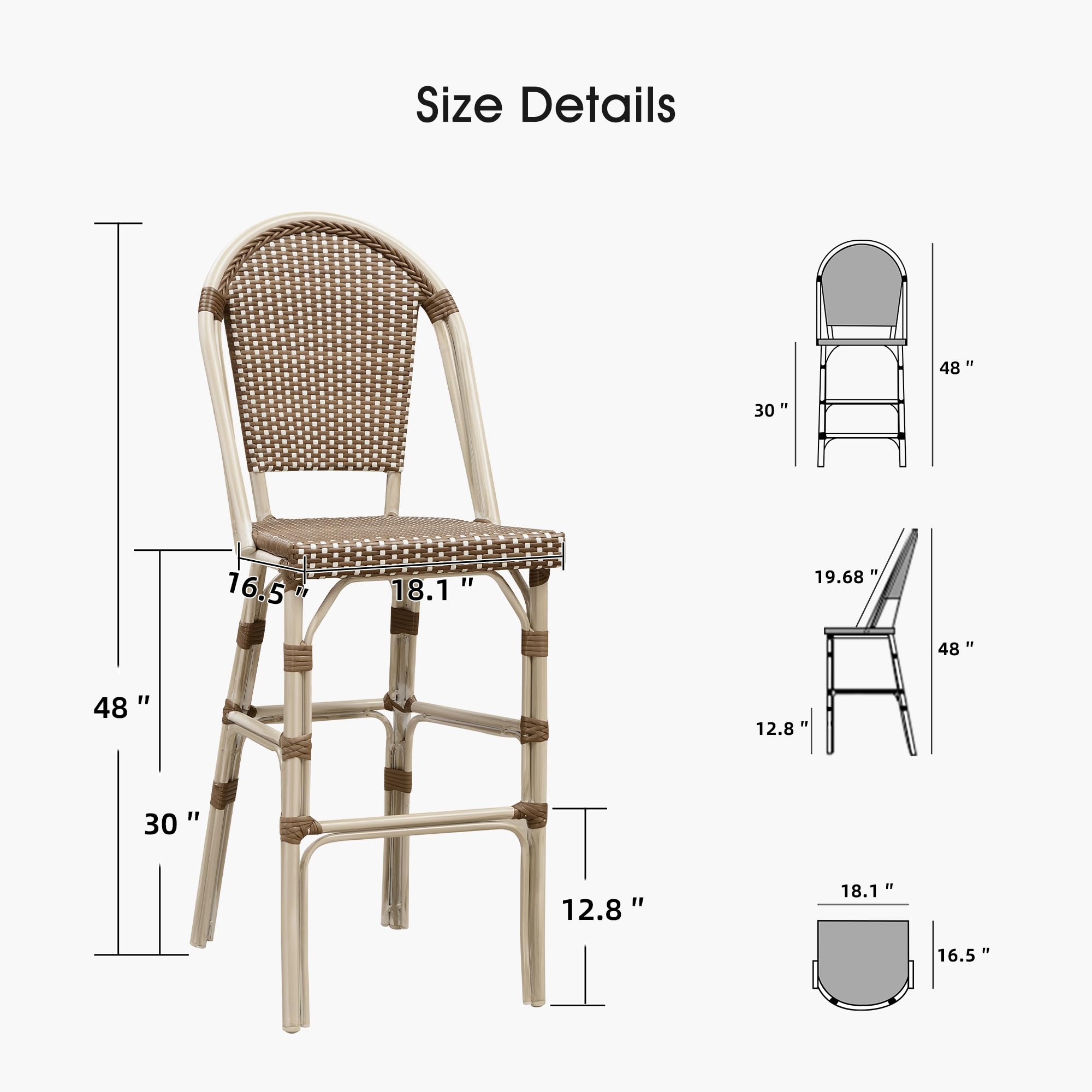 Size Details

- Height: 48"
- Width: 30"
- Depth: 16.5"
- Seat Height: 18.1"
- Back Height: 30"
- Armrest Height: 19.68"
- Seat Depth: 12.8"
- Seat Width: 18.1"
- Seat Depth: 16.5"