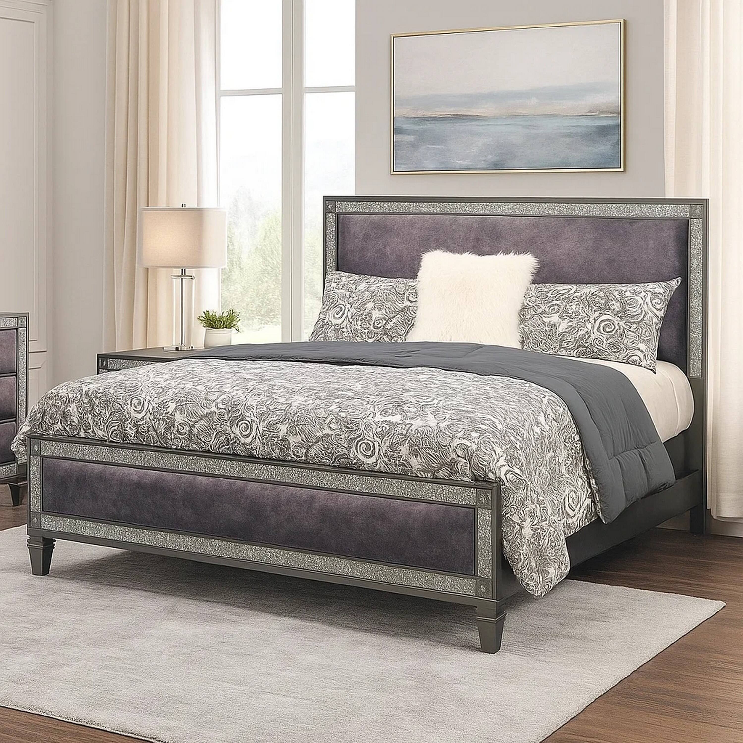 Alt View 3. Manhattan Lane - Laine Full Bed, Glam Crystal Acrylic Trim, Gray Fabric Upholstered - Gray.