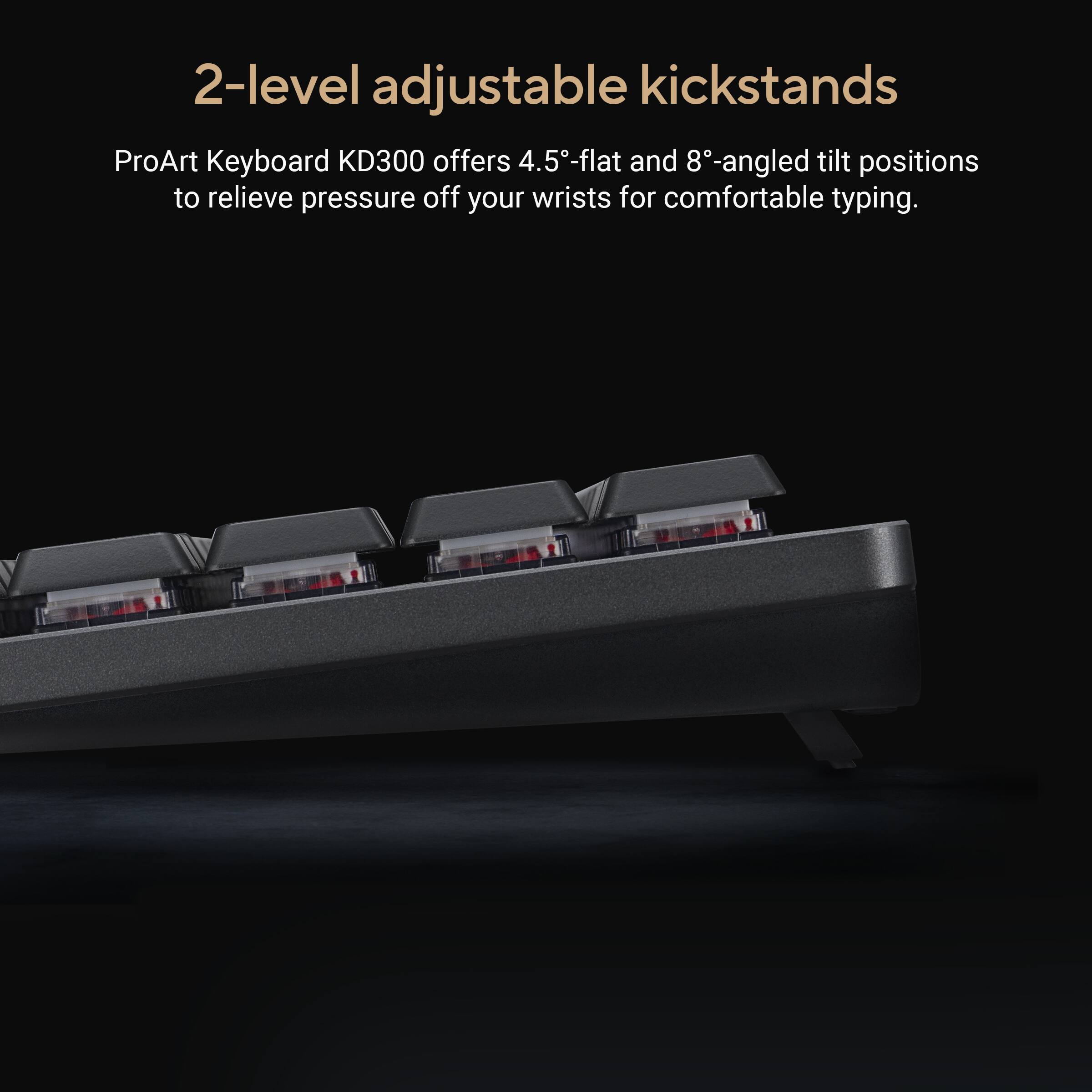 2-level adjustable kickstands

ProArt Keyboard KD300 offers 4.5°-flat and 8°-angled tilt positions to relieve pressure off your wrists for comfortable typing.