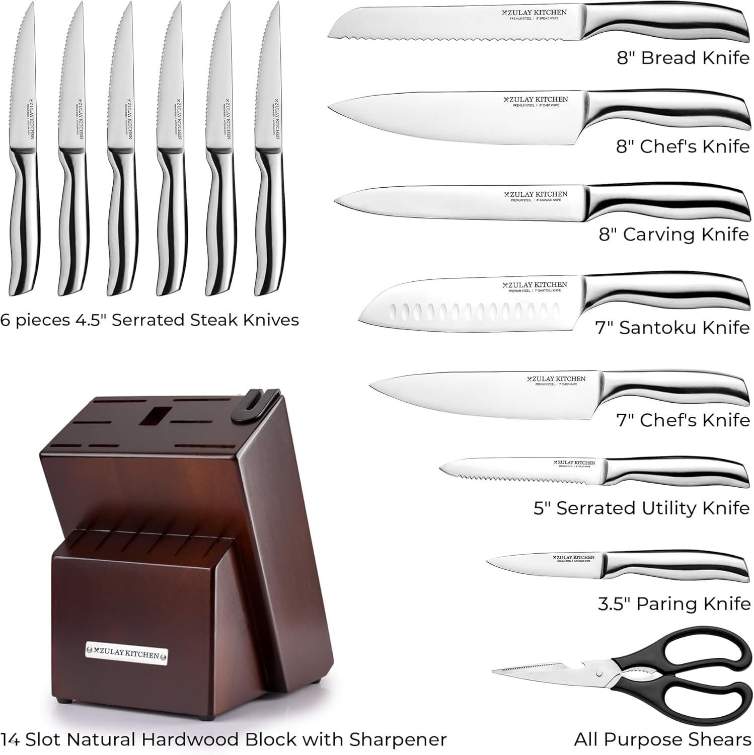 Here is the corrected and grouped text:

- **PZULAY KITCHEN - 8" Bread Knife**
- **XZULAY KITCHEN - 8" Chef's Knife**
- **YZULAY KITCHEN - 8" Carving Knife**
- **6 pieces 4.5" Serrated Steak Knives**
- **XZULAY KITCHEN - 7" Santoku Knife**
- **I. OREN - 7" Chef's Knife**
- **I. OREN - 5" Serrated Utility Knife**
- **RILLM - 3.5" Paring Knife**
- **XZULAY KITCHEN - 14 Slot Natural Hardwood Block with Sharpener**
- **All Purpose Shears**