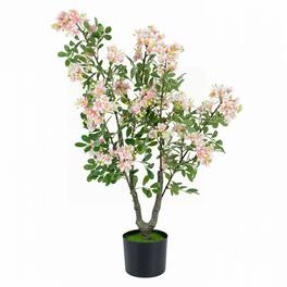 Gymax - 36'' Artificial Impatiens Blossom Tree w/ Mini Fruits Faux Grass for Porch - Pink