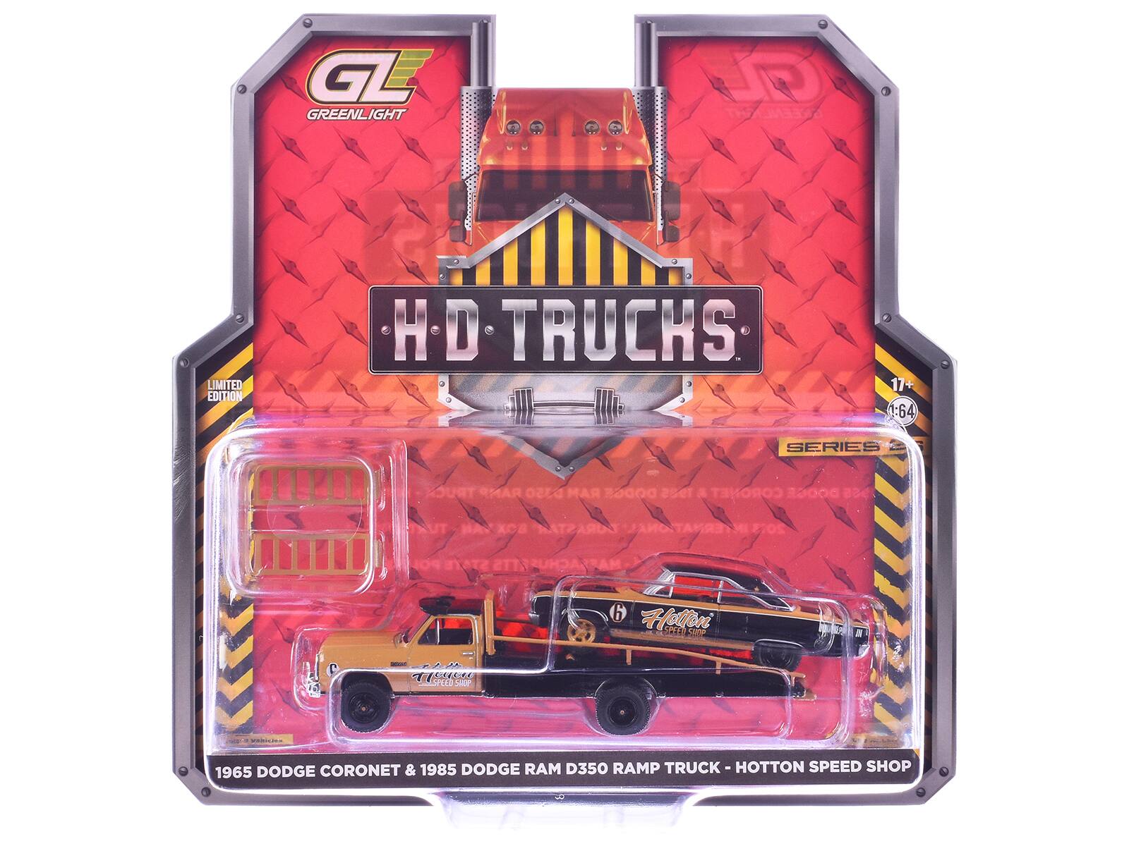 GL GREENLIGHT  
LIMITED EDITION  
HD TRUCKS  
17+  
1:64  
SERIES  
1965 DODGE CORONET & 1985 DODGE RAM D350 RAMP TRUCK - HOTTEN SPEED SHOP