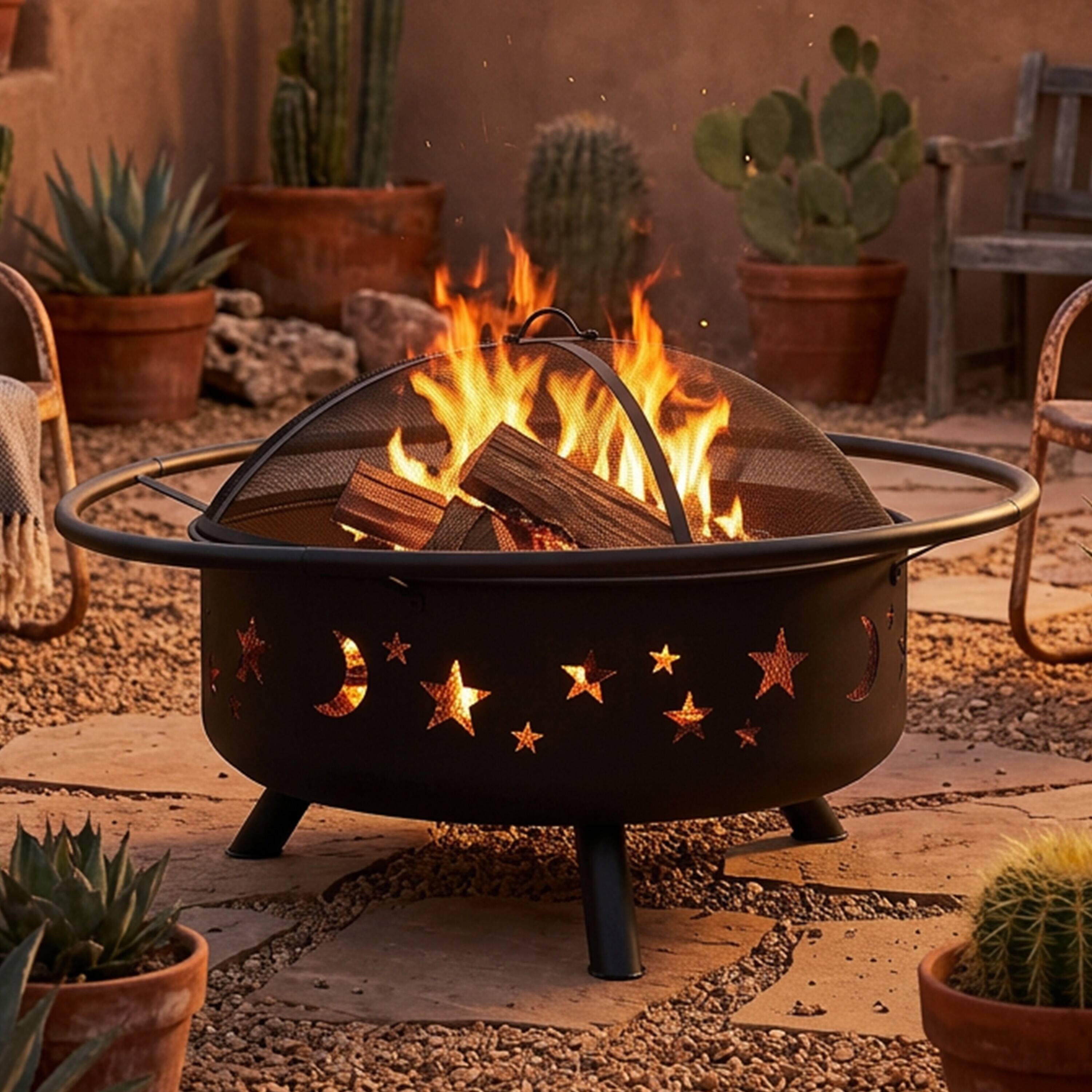 Alt View 1. Sunnydaze - 36 in Cosmic Steel Fire Pit w/Spark Screen/Poker - Black.
