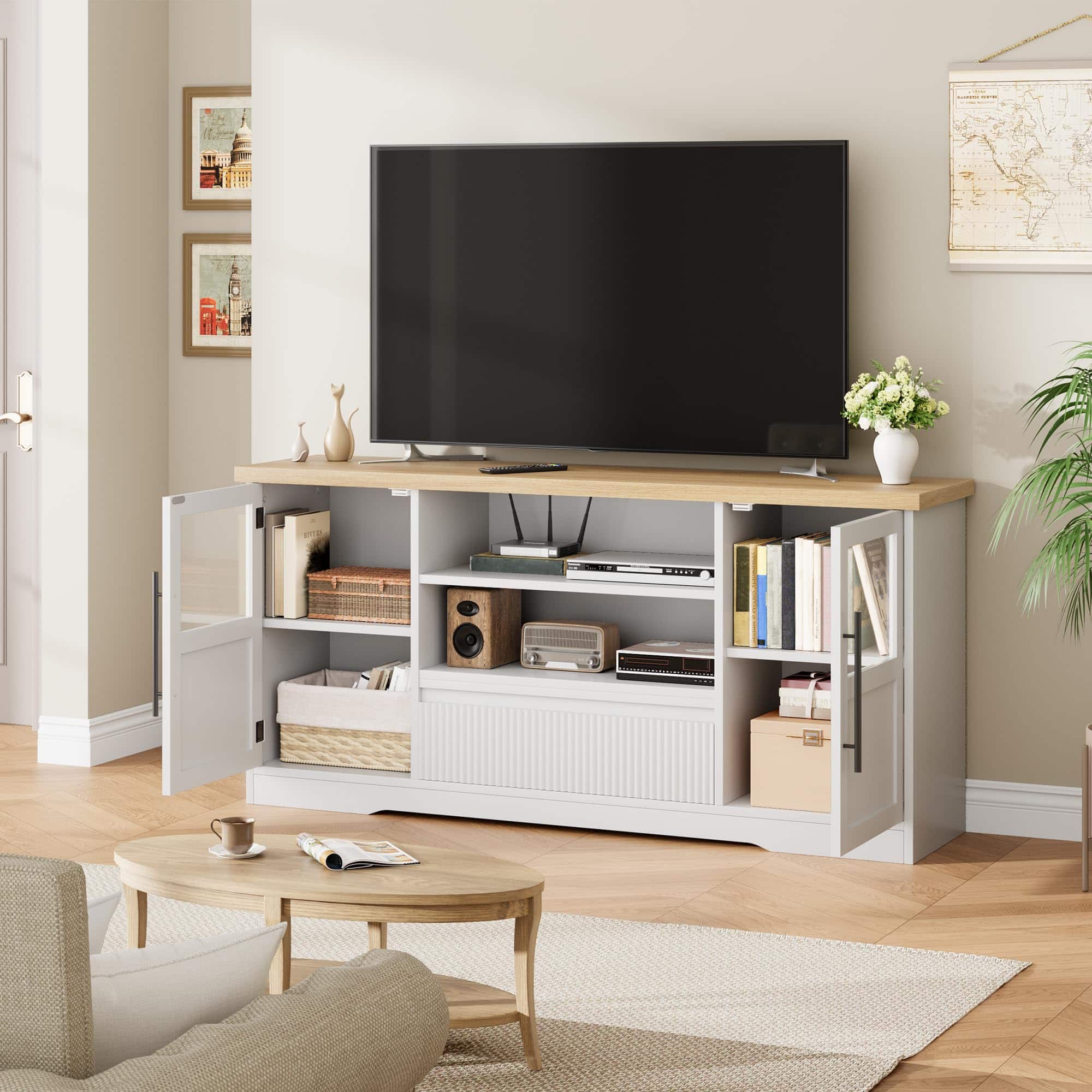 Jojoka - 63" Farmhouse TV Stand for TVs up to 72", Wave-Pattern Media Console with Glass Cabinets & Open Shelves - White