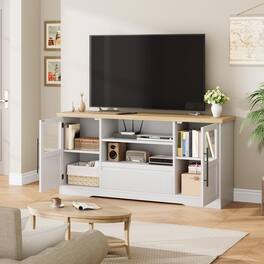 Jojoka - 63" Farmhouse TV Stand for TVs up to 72", Wave-Pattern Media Console with Glass Cabinets & Open Shelves - White