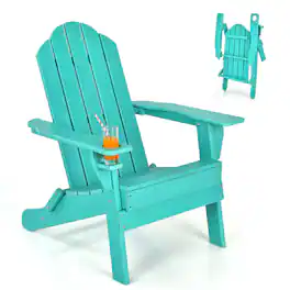 Costway - Patio Folding Adirondack Chair Weather Resistant Cup Holder Yard - Turquoise