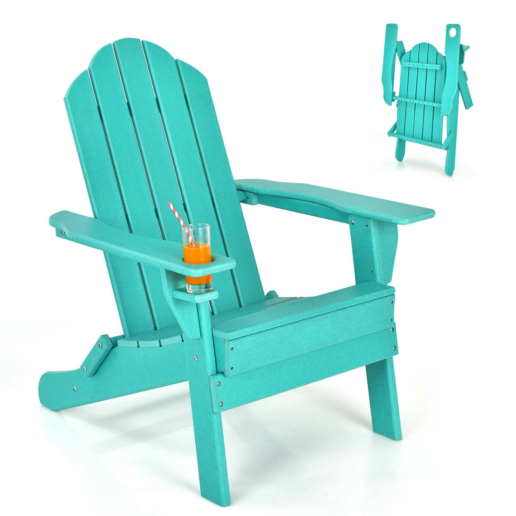 Front. Gymax - Gymax Patio Folding Adirondack Chair Weather Resistant Cup Holder Yard Turquoise - Turquoise.