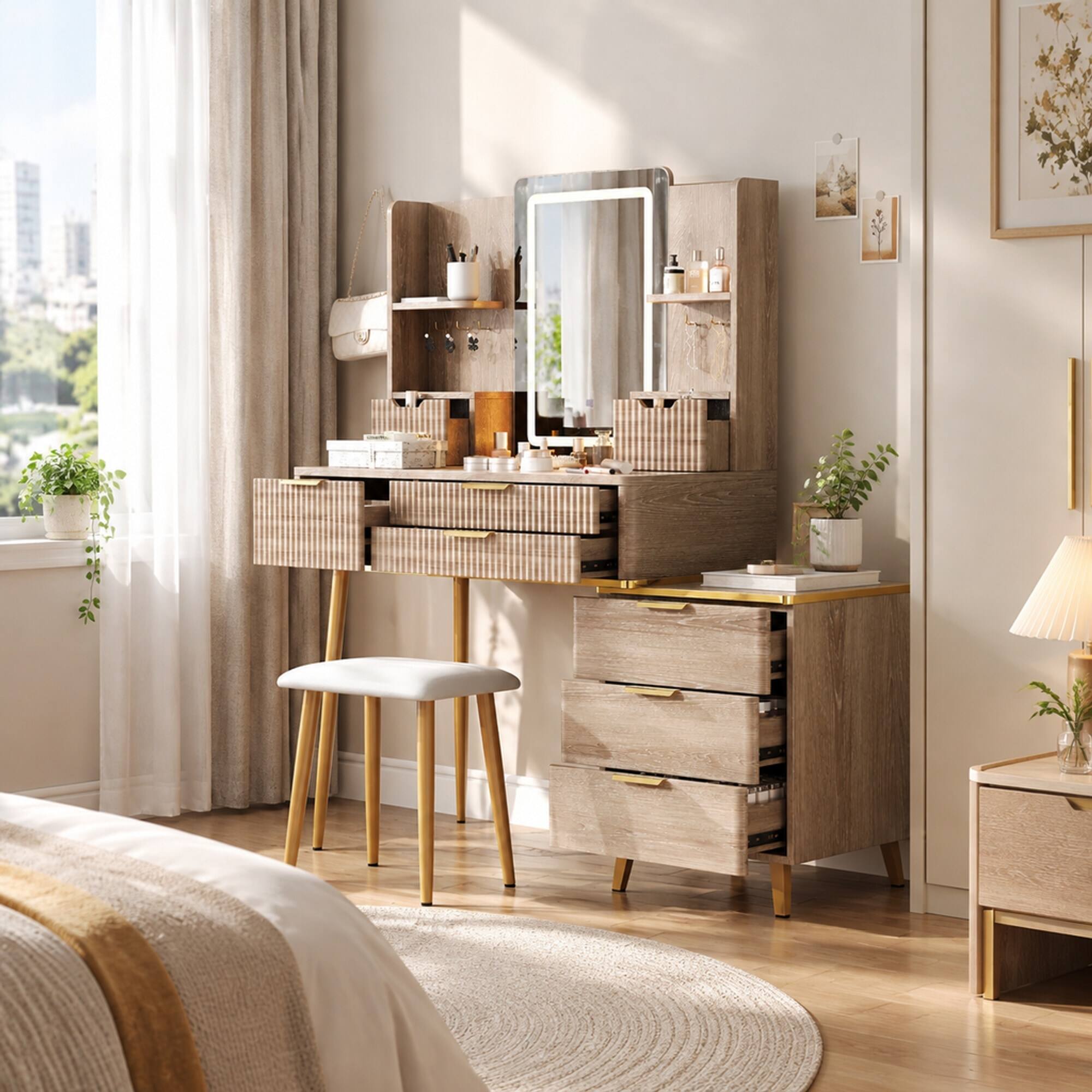 Back. RYHNUYNE - 7-Drawer Vanity Desk, LED Mirror, Fluted Panels, Metal Legs, PU Stool, Jewelry Storage - Yellow Brown.