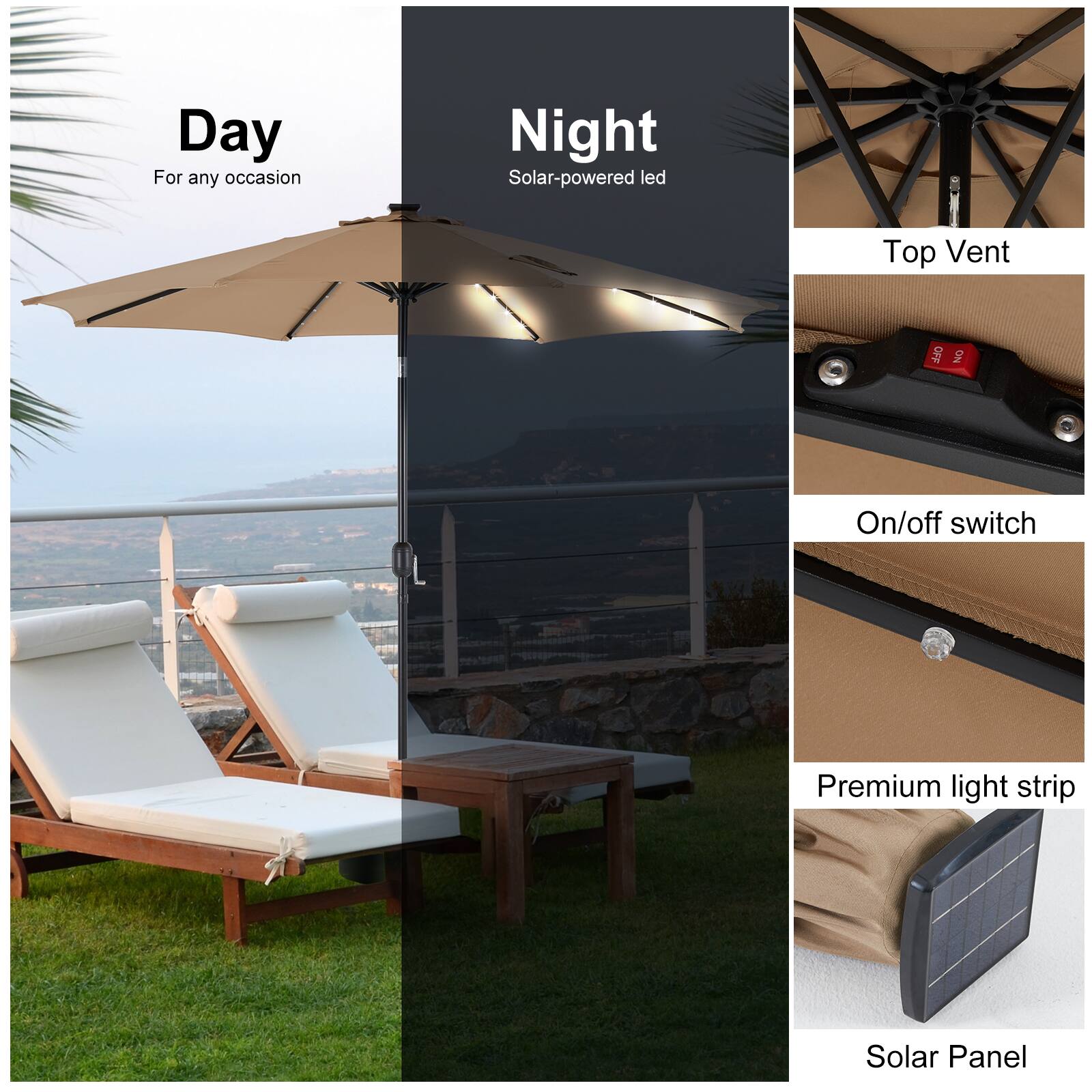 - Day: For any occasion
- Night: Solar-powered LED
- Top Vent
- On/off switch
- Premium light strip
- Solar Panel