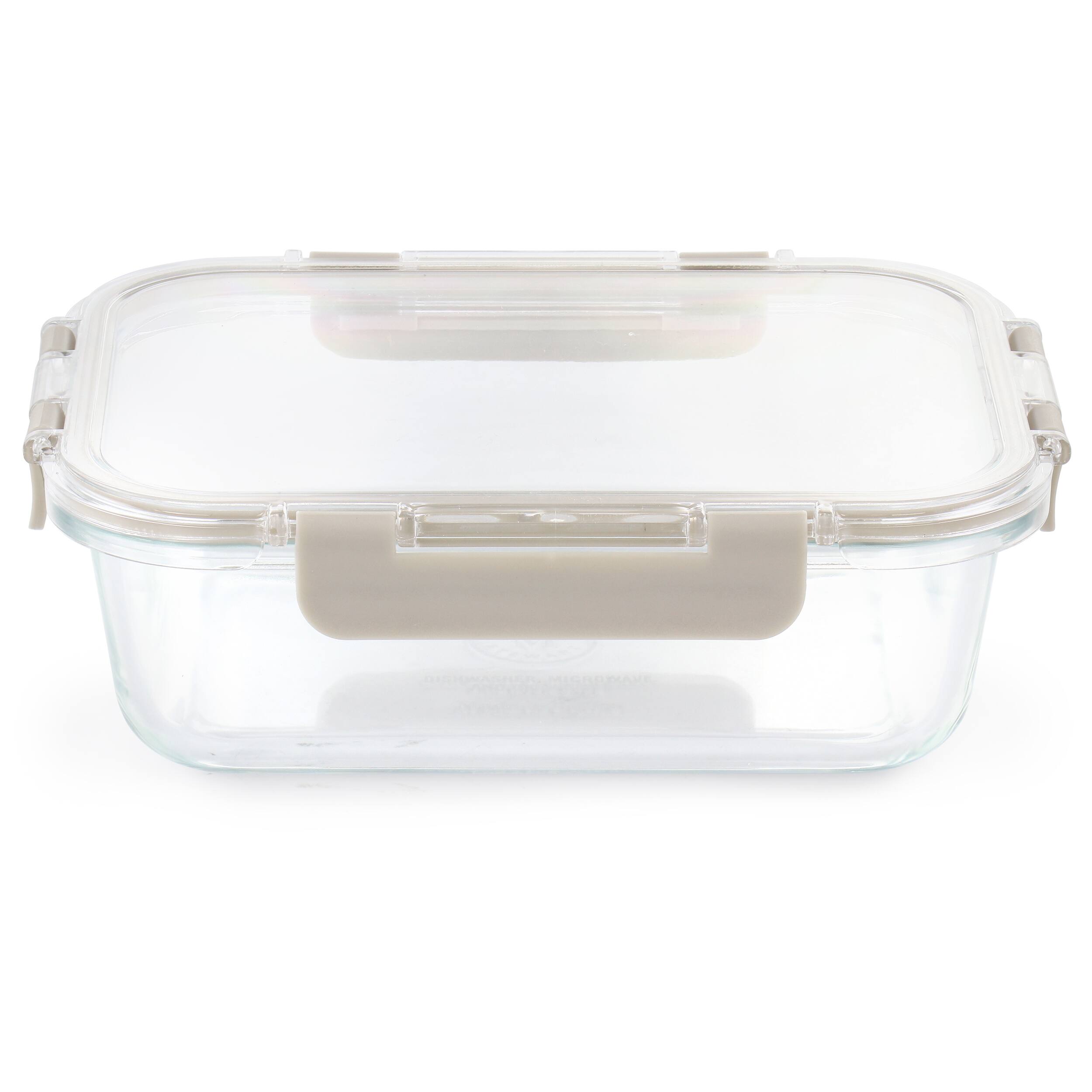 Angle. Martha Stewart - Martha Stewart 35 Ounce Rectangular Glass Container with Snap-On Lid in Taupe - Tan.