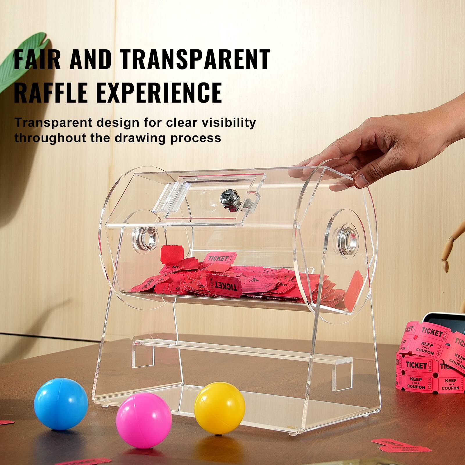 FAIR AND TRANSPARENT RAFFLE EXPERIENCE  
Transparent design for clear visibility throughout the drawing process  

TICKET TICKET DET TICKET IAR KEEP .. TIC COUPON EU KEES TICKET PII COUPON KEEP JLISCE . : COUPON COUPON