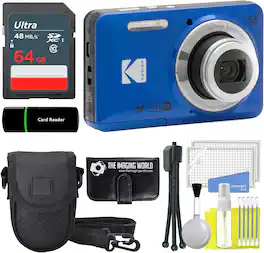 Kodak - PIXPRO FZ55 Blue 16MP Digital Camera 5X Optical Zoom 1080P Full HD Video + 64GB Card + Case + Memory Wallet + Bundle