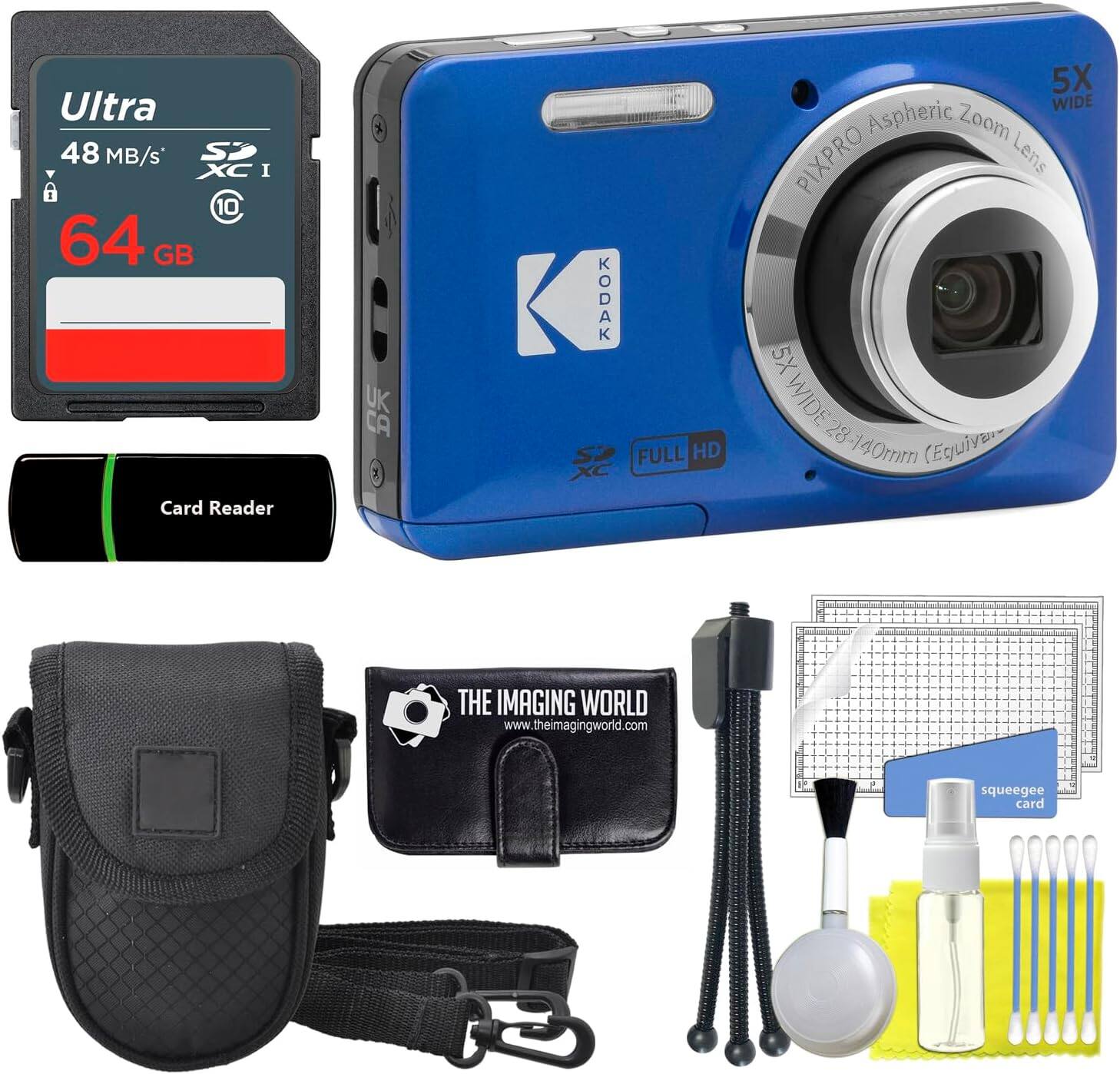 Kodak - PIXPRO FZ55 Blue 16MP Digital Camera 5X Optical Zoom 1080P Full HD Video + 64GB Card + Case + Memory Wallet + Bundle