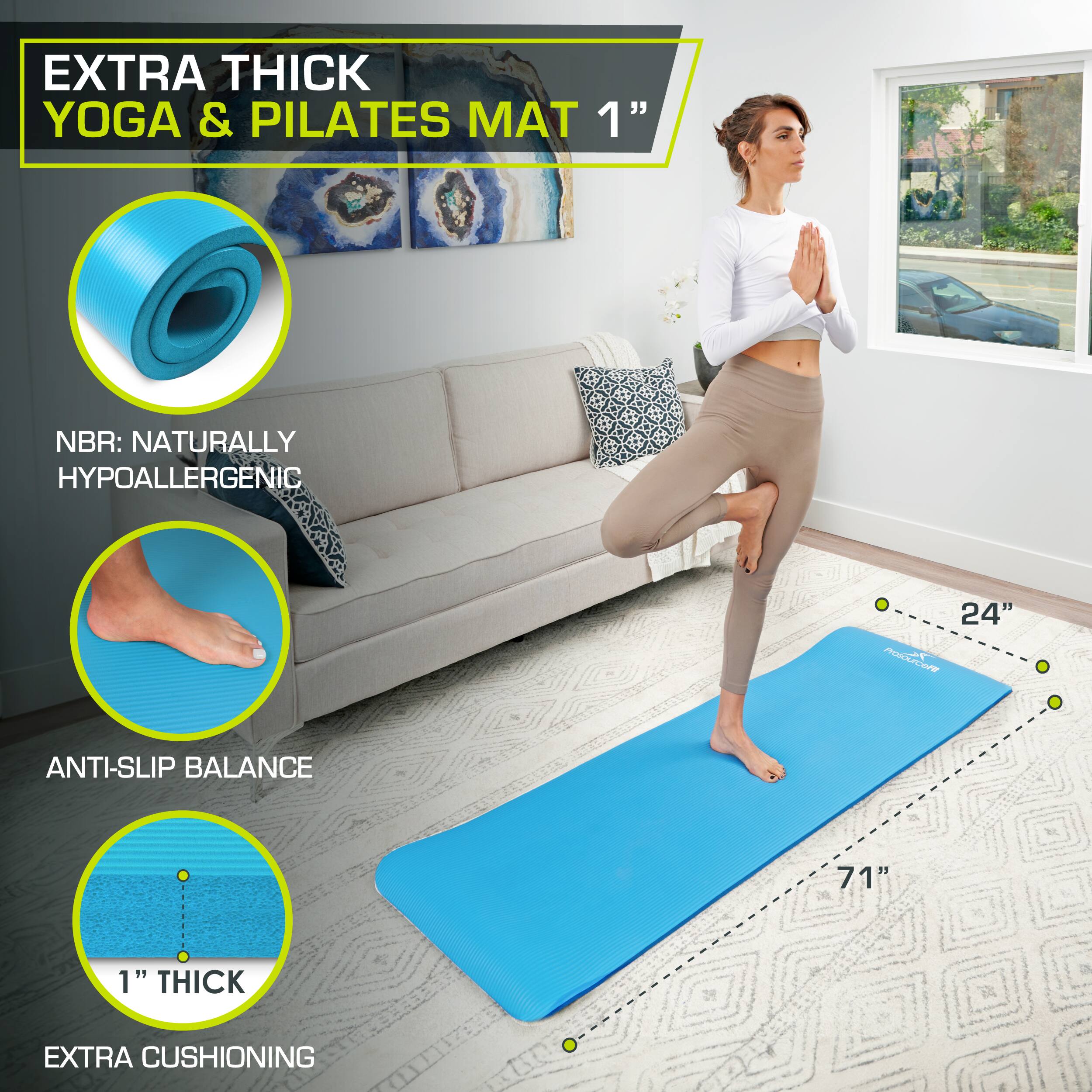 EXTRA THICK YOGA & PILATES MAT 1" NBR: NATURALLY HYPOALLERGENIC 24" ANTI-SLIP BALANCE 71" 1" THICK EXTRA CUSHIONING