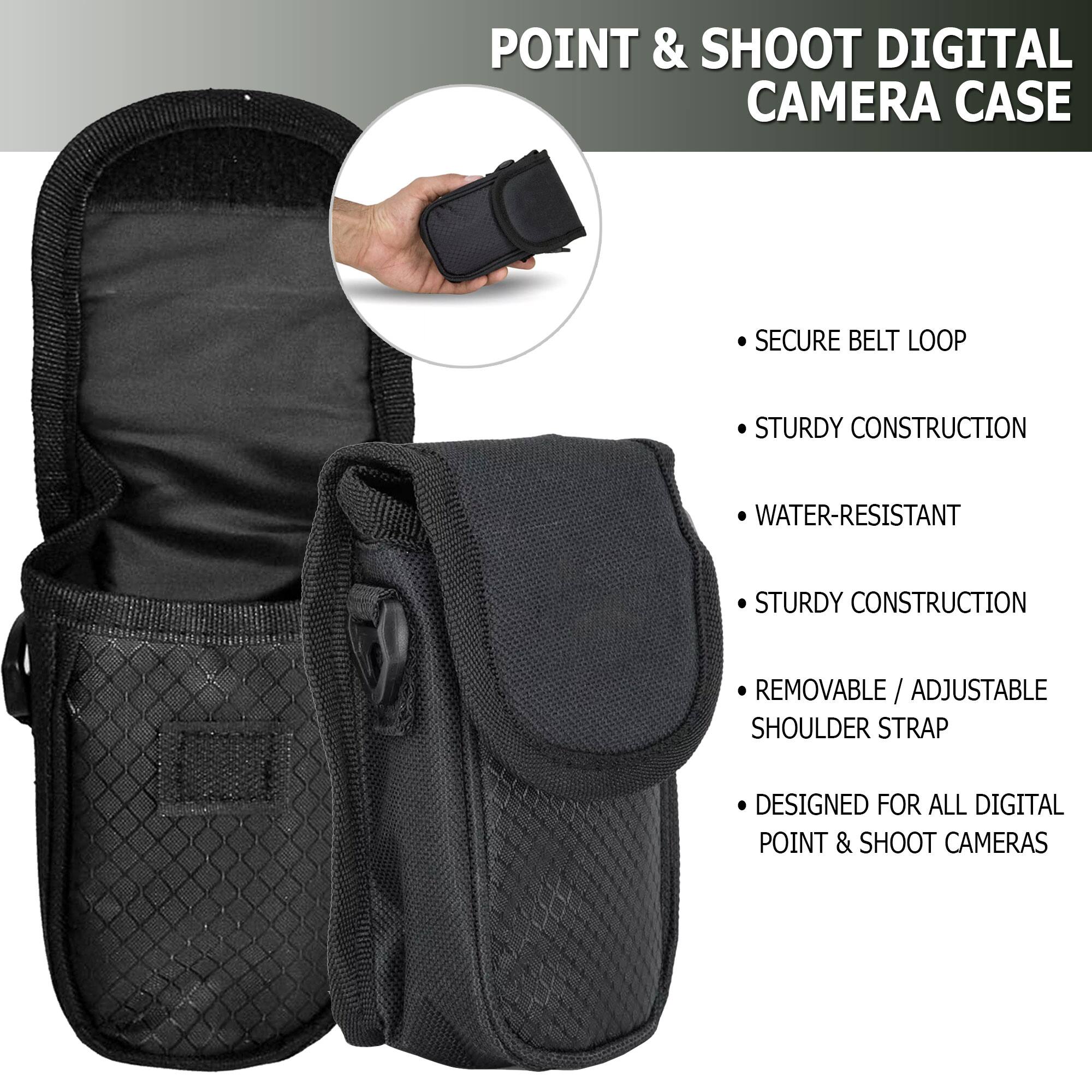 POINT & SHOOT DIGITAL CAMERA CASE

- SECURE BELT LOOP
- STURDY CONSTRUCTION
- WATER-RESISTANT
- STURDY CONSTRUCTION
- REMOVABLE / ADJUSTABLE SHOULDER STRAP
- DESIGNED FOR ALL DIGITAL POINT & SHOOT CAMERAS