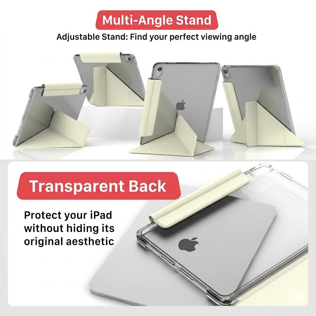 Multi-Angle Stand  
Adjustable Stand: Find your perfect viewing angle  

Transparent Back  
Protect your iPad without hiding its original aesthetic