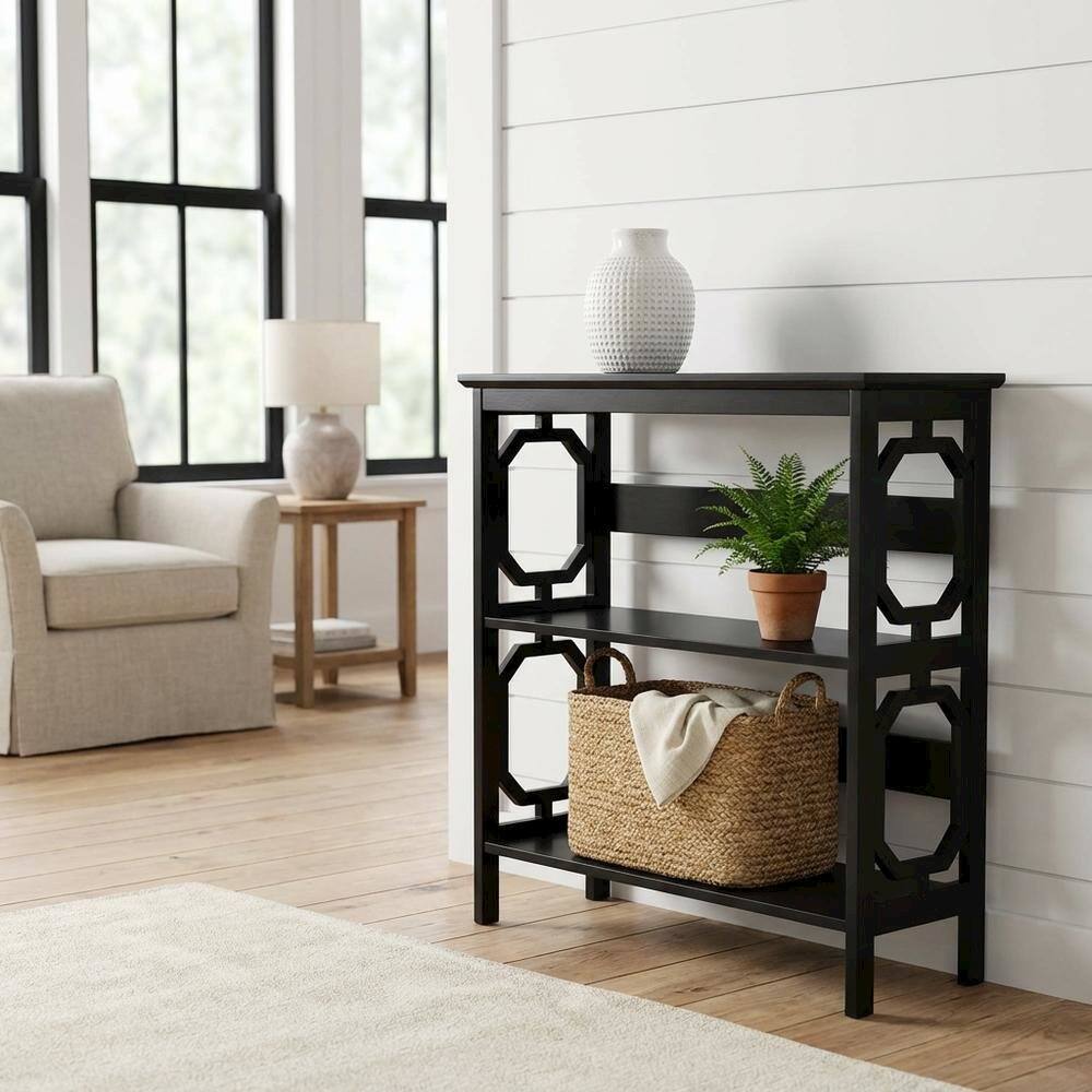 Back. FurniFact - Wooden 3-Tier Bookcase with Non-Lead Base Paint for Stylish Storage - Black.