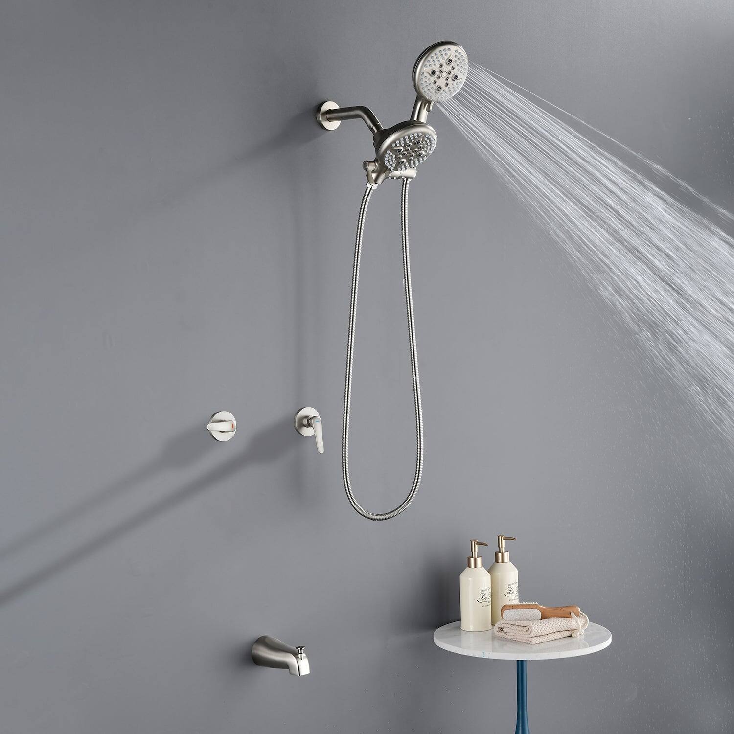 Alt View 3. Boyel Living - Brushed Nickel Shower Set with Dual Handles 5 Function Dual ABS Shower Heads and Tub Spout - Brushed Nickel.