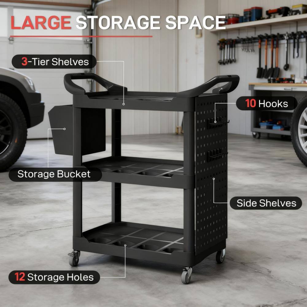 LARGE STORAGE SPACE  
3-Tier Shelves  
10 Hooks  
Storage Bucket  
Side Shelves  
12 Storage Holes