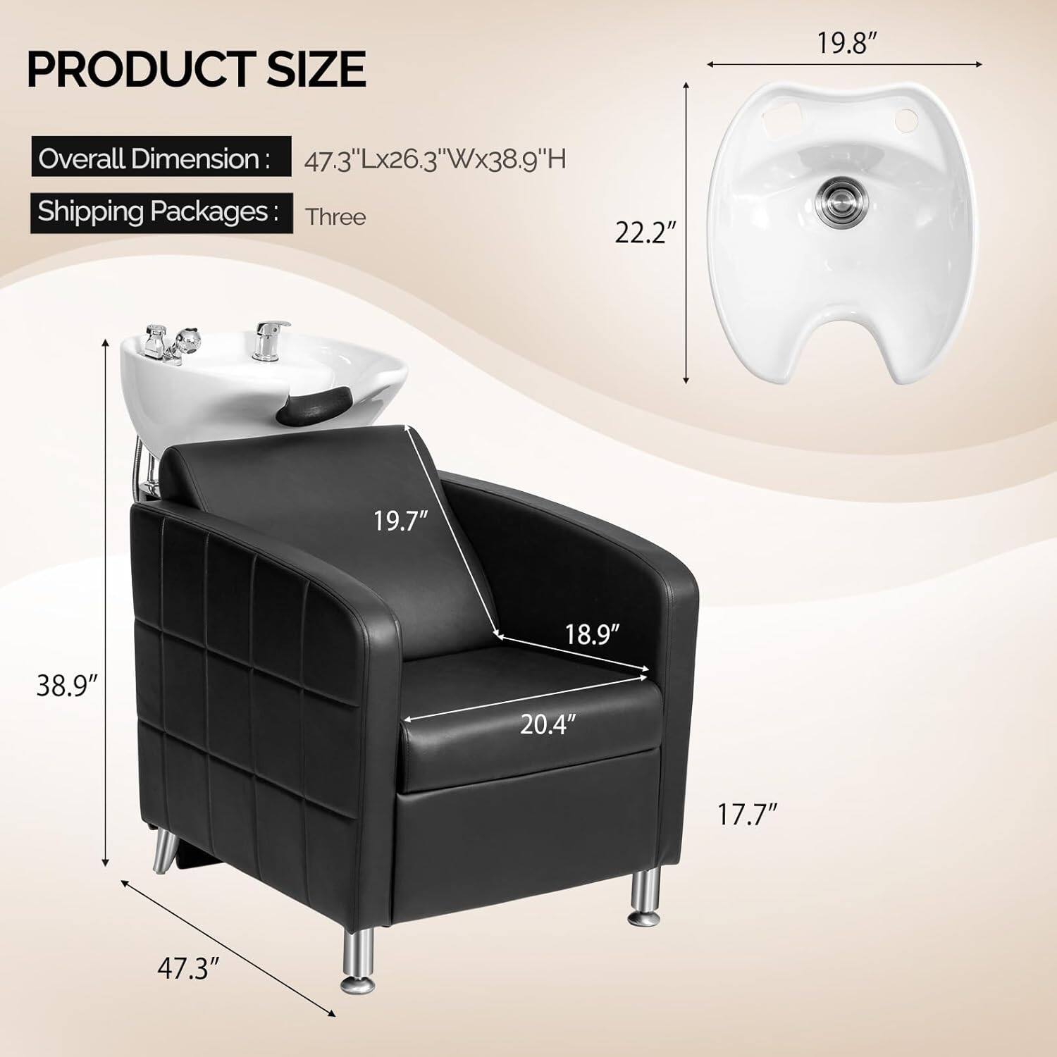 PRODUCT SIZE  
Overall Dimension: 47.3"Lx26.3"Wx38.9"H  
Shipping Packages: Three  

- 19.8"  
- 22.2"  
- 19.7"  
- 18.9"  
- 38.9"  
- 20.4"  
- 17.7"  
- 47.3"