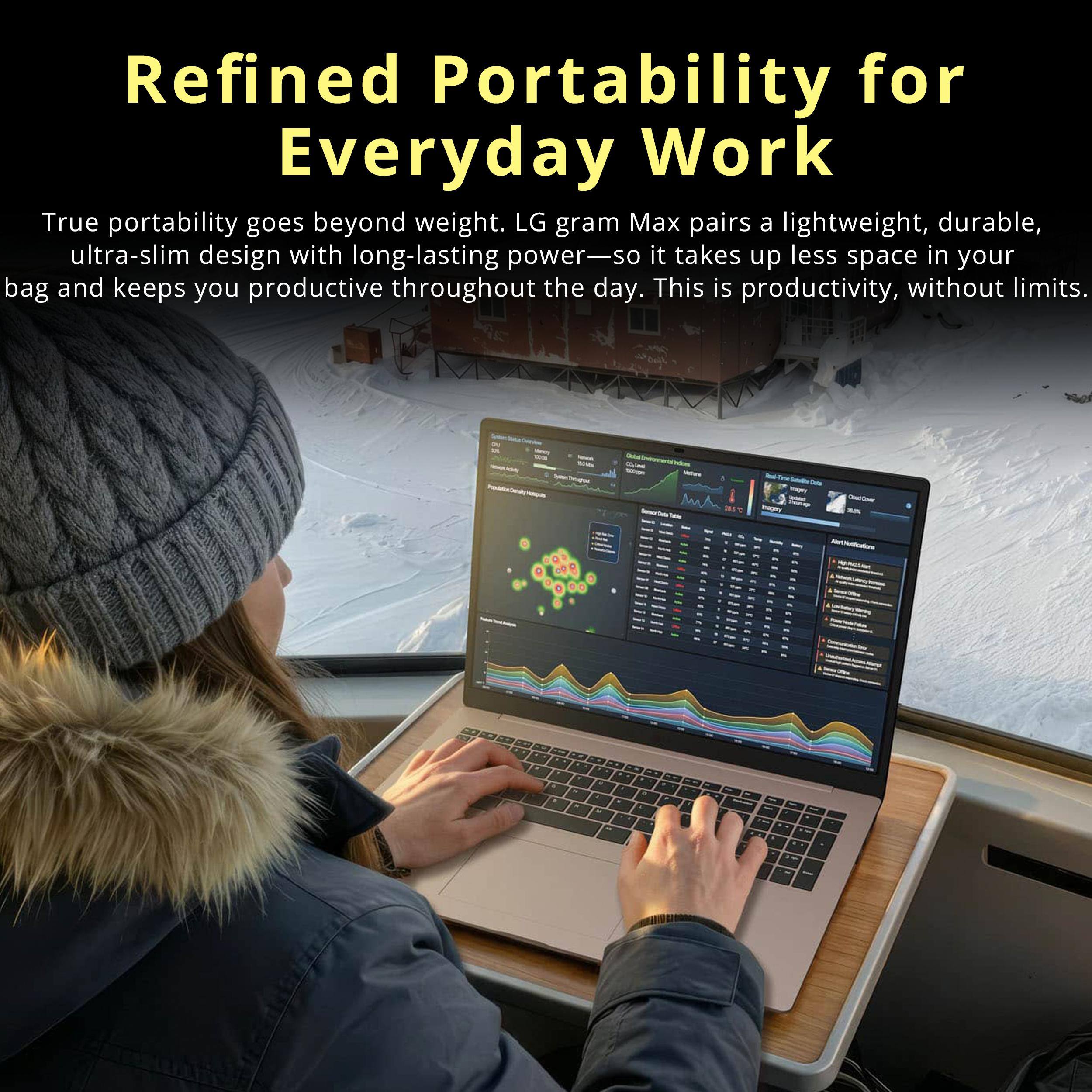 Refined Portability for Everyday Work

True portability goes beyond weight. LG gram Max pairs a lightweight, durable, ultra-slim design with long-lasting power—so it takes up less space in your bag and keeps you productive throughout the day. This is productivity, without limits.