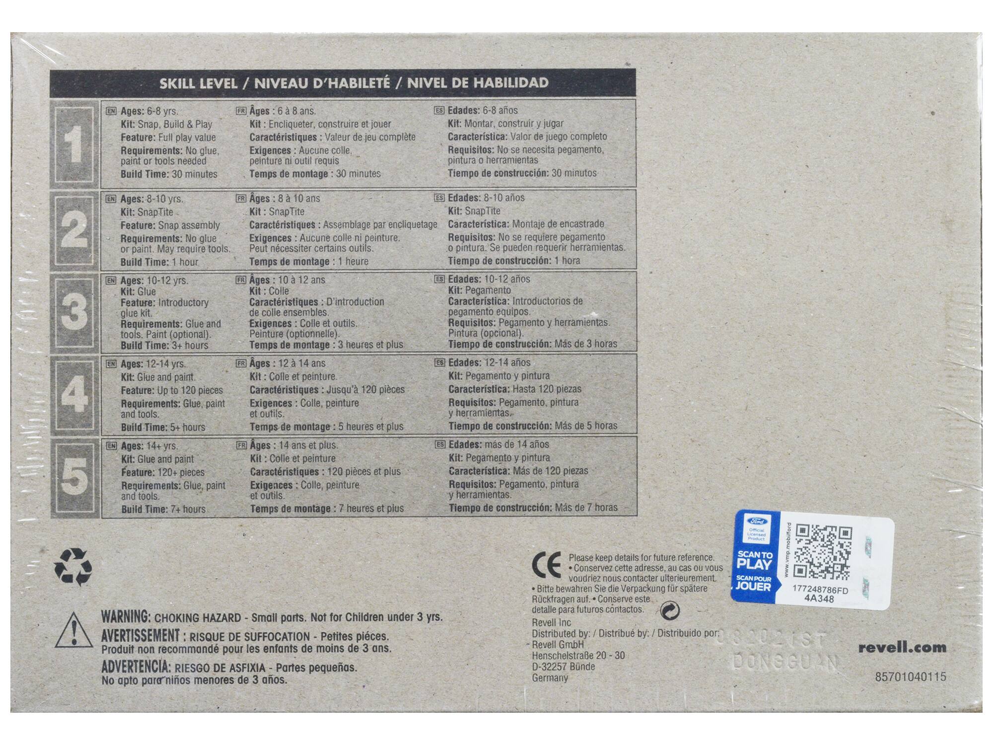 **SKILL LEVEL / NIVEAU D'ABILITÉ / NIVEL DE HABILIDAD**

1. **Ages: 6-8 yrs. / Edades: 6-8 años / Edades: 6-8 años**
   - Kit: Snap, Build & Play
   - Feature: Full play value
   - Requirements: No glue, paint or tools needed
   - Build Time: 30 minutes
   - Kit: Encliqueter, construir y jugar
   - Características: Valor de juego completo
   - Exigencias: Aucune peinture ni outils.
   - Temps de montage: 30 minutes
   - Kit: Montar, construir y jugar
   - Características: Coleccionable
   - Requisitos: No se necesita pegamento, pintura ni herramientas.
   - Tiempo de construcción: 30 minutos

2. **Ages: 8-10 yrs. / Edades: 8-10 ans / Edades: 8-10 años**
   - Kit: SnapTite
   - Feature: Snap assembly
   - Requirements: No glue or