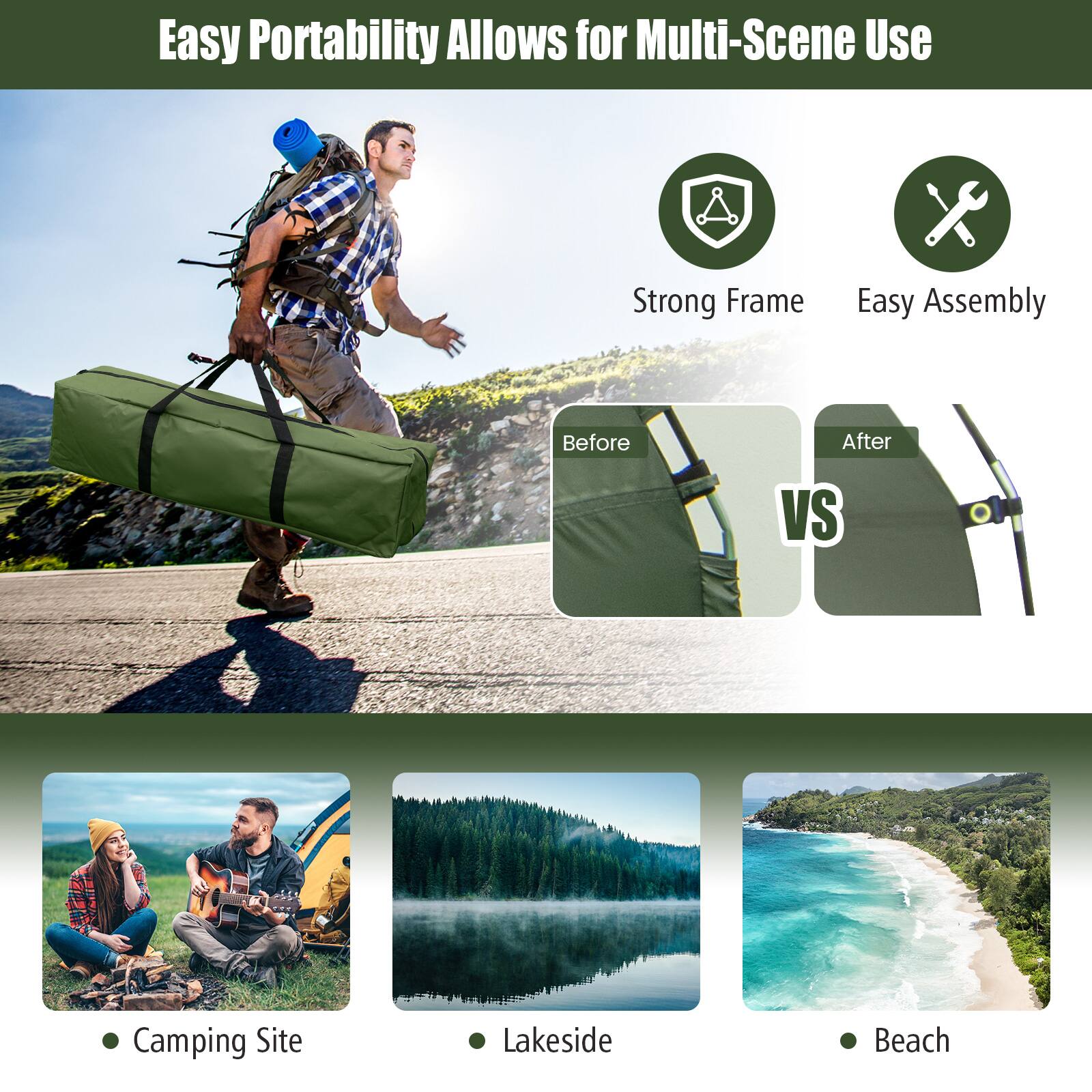 Easy Portability Allows for Multi-Scene Use

- Strong Frame
- Easy Assembly

Before VS After

- Camping Site
- Lakeside
- Beach