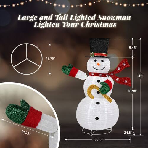 Large and Tall Lighted Snowman  
Lighten Your Christmas  

9.45"  
15.75"  
4ft  
38.98"  
13.39"  
38.58"  
24.8"