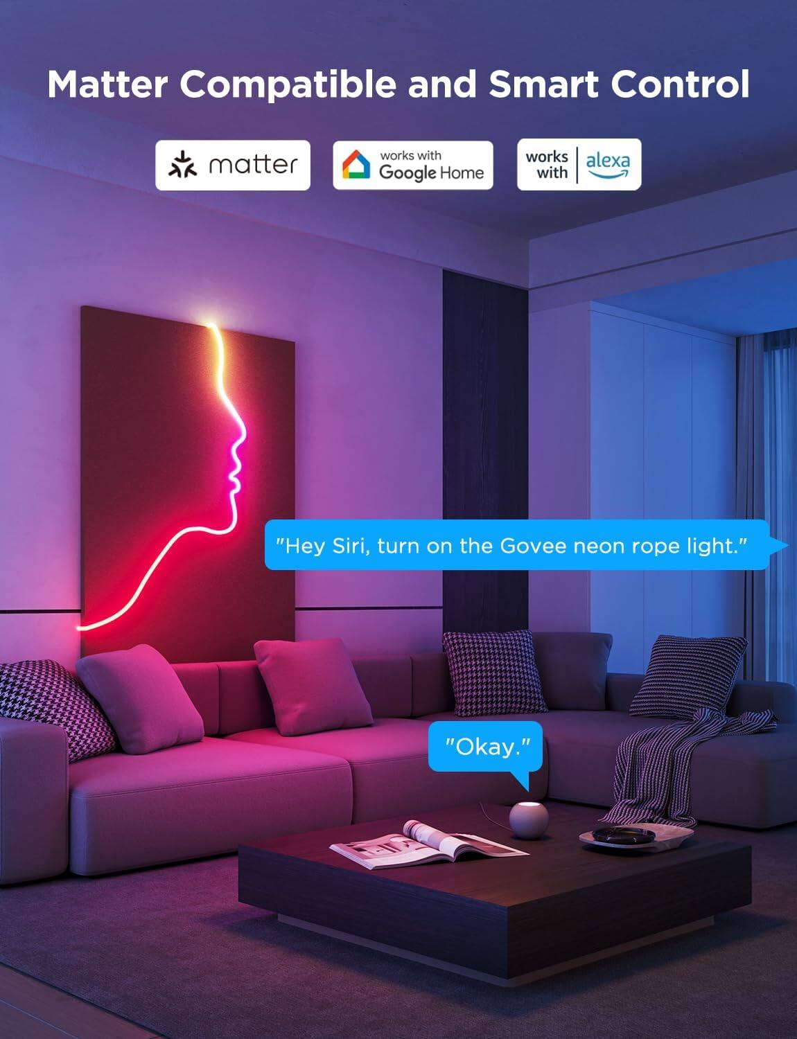 Matter Compatible and Smart Control

- Works with Google Home
- Works with Alexa

"Hey Siri, turn on the Govee neon rope light."

"Okay."