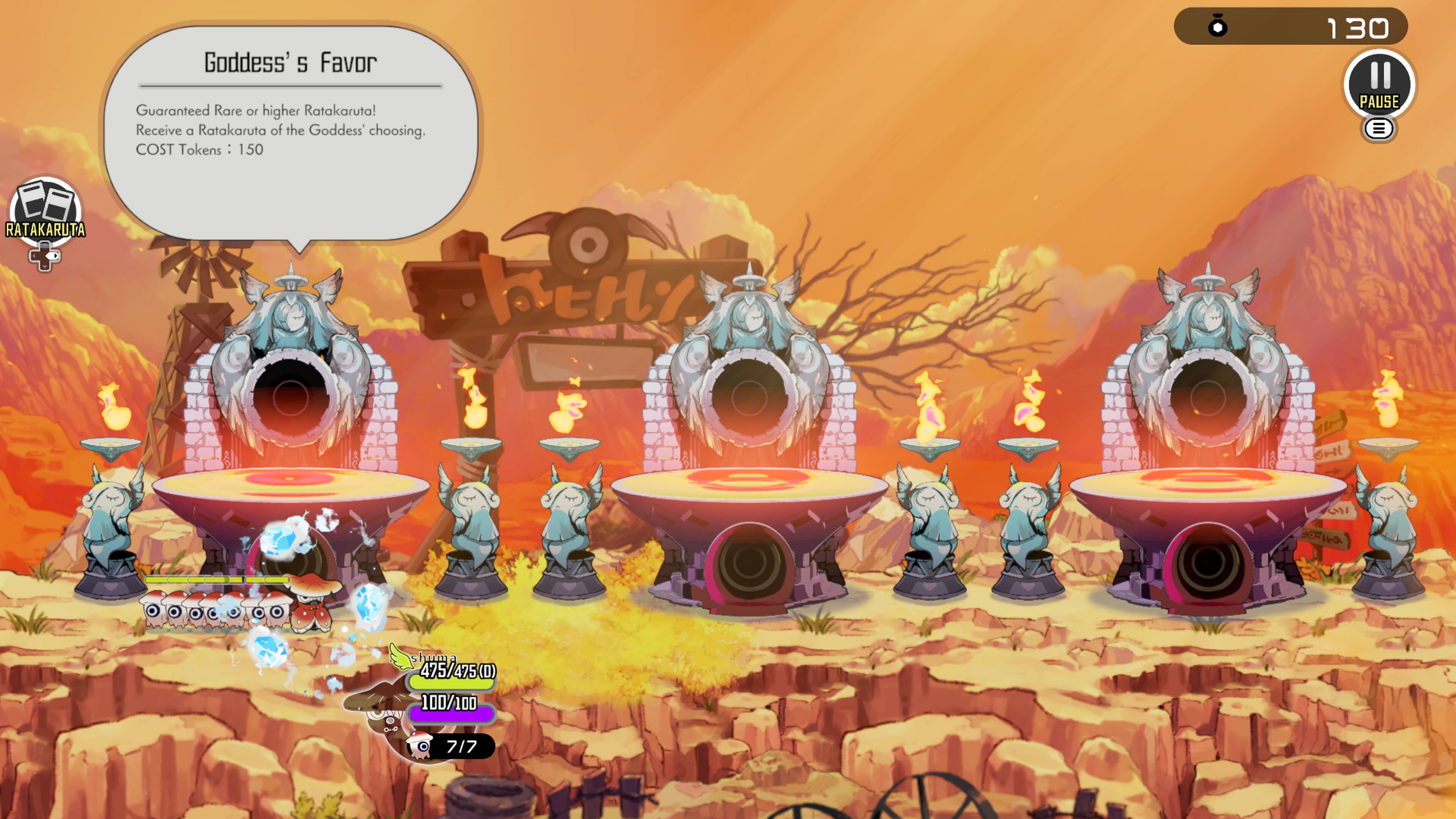 Goddess' 5 Favor 1 30 Guaranteed Rare or higher Ratakaruta!  
Receive a Ratakaruta of the Goddess' choosing.  
COST Tokens: - 150  

PAUSE  
RATAKARUTA  
bHY  
GH  
CO  
hum  
475/475 (0)  
100/100  
717  

130