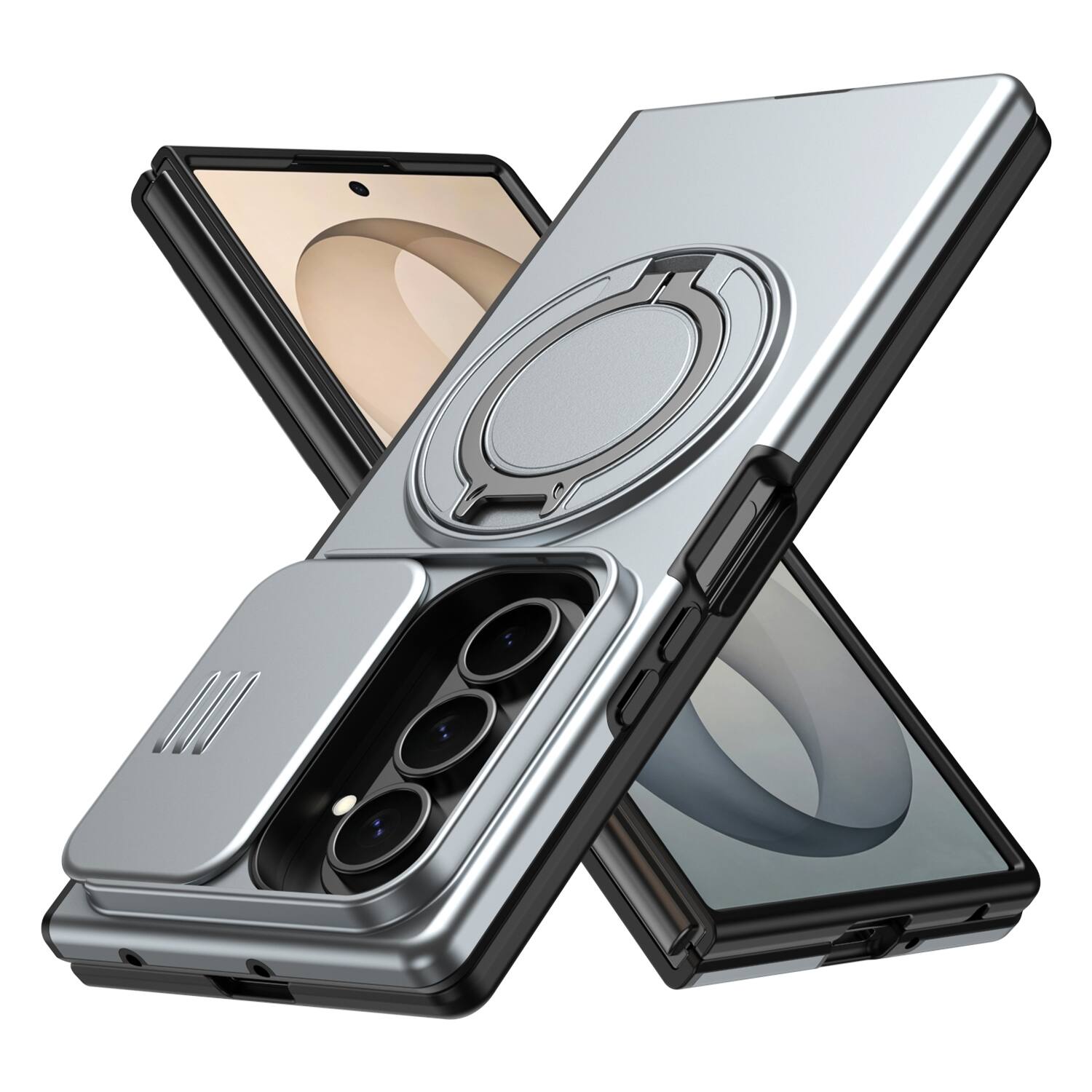 Alt View 4. Dteck - Heavy Duty Case for Samsung Galaxy Z Fold8 Ultra w/ Foldable Ring Stand,Bulit in Slide Lens Cover,Fit Magnetic Car Mount - Silver.