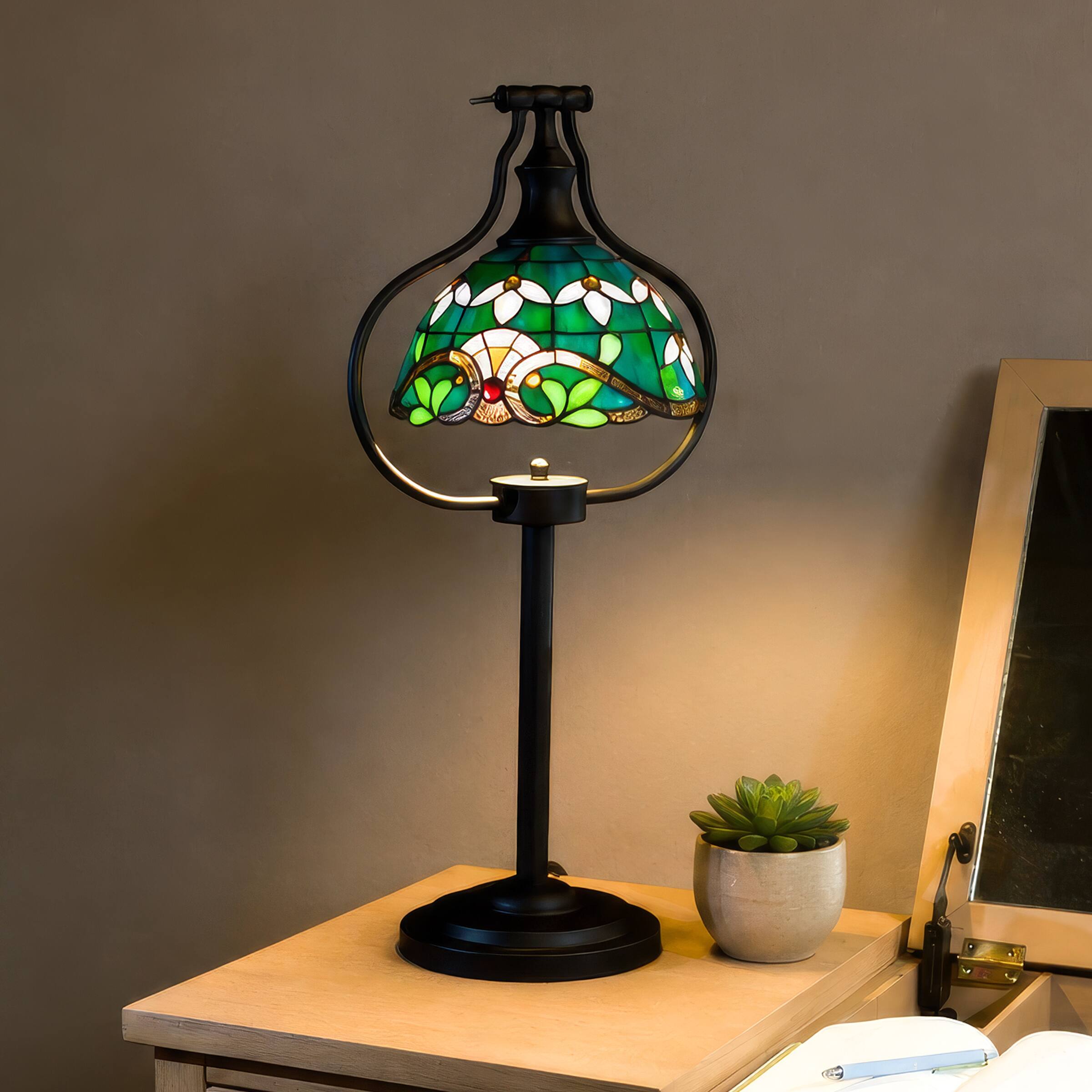 Alt View 6. Lavish Home - Lavish Home Tiffany Style Table Lamp with Stained Glass Shade, Bronze - Blue.