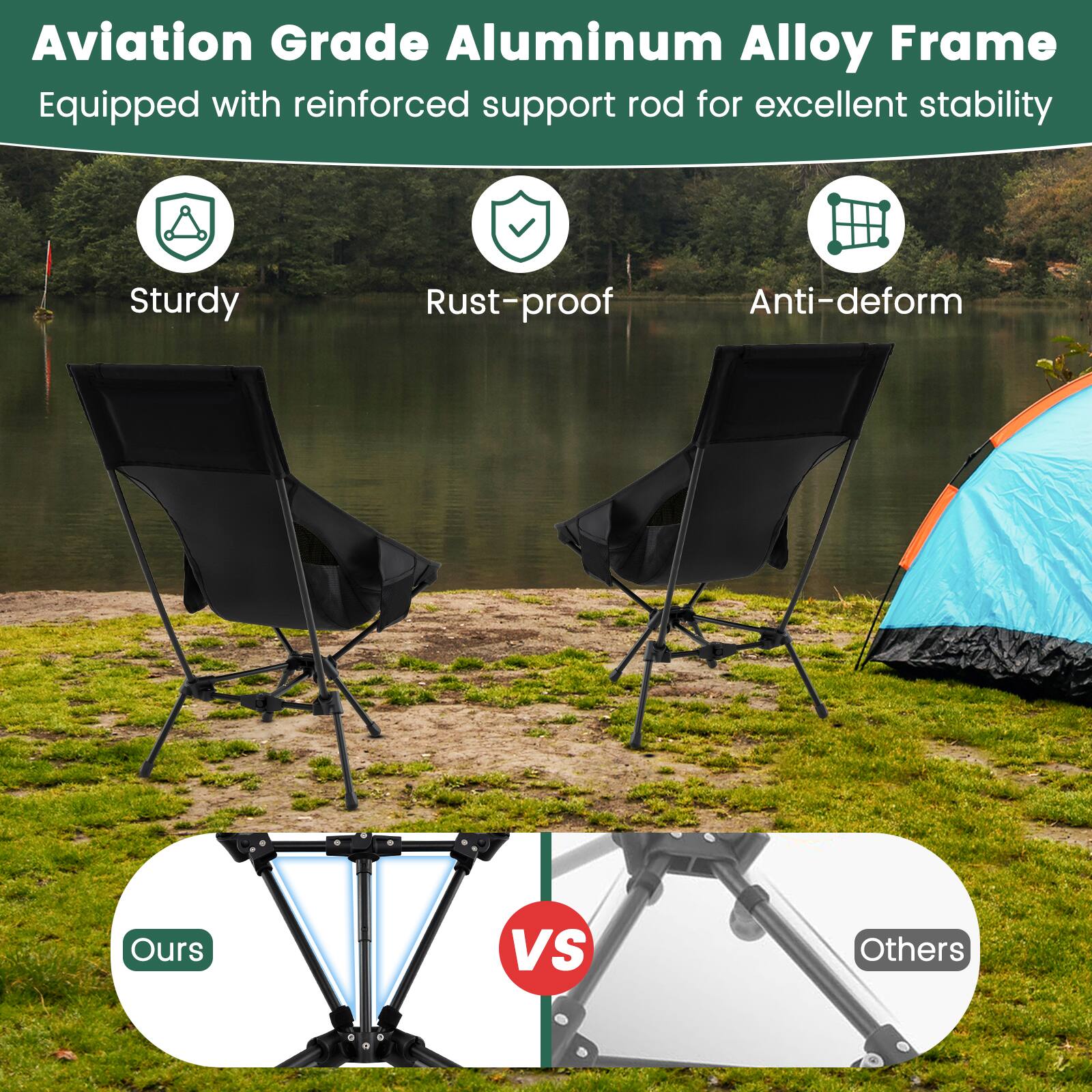 Aviation Grade Aluminum Alloy Frame  
Equipped with reinforced support rod for excellent stability  

- Sturdy  
- Rust-proof  
- Anti-deform  

Ours vs Others