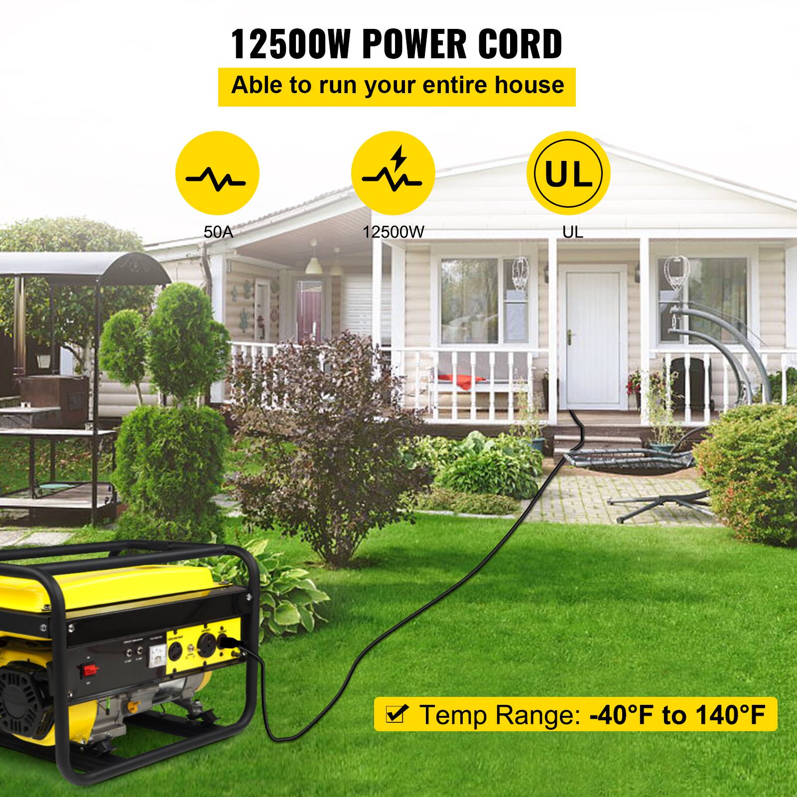 12500W POWER CORD  
Able to run your entire house  

50A  
12500W  
UL  

Temp Range: -40°F to 140°F