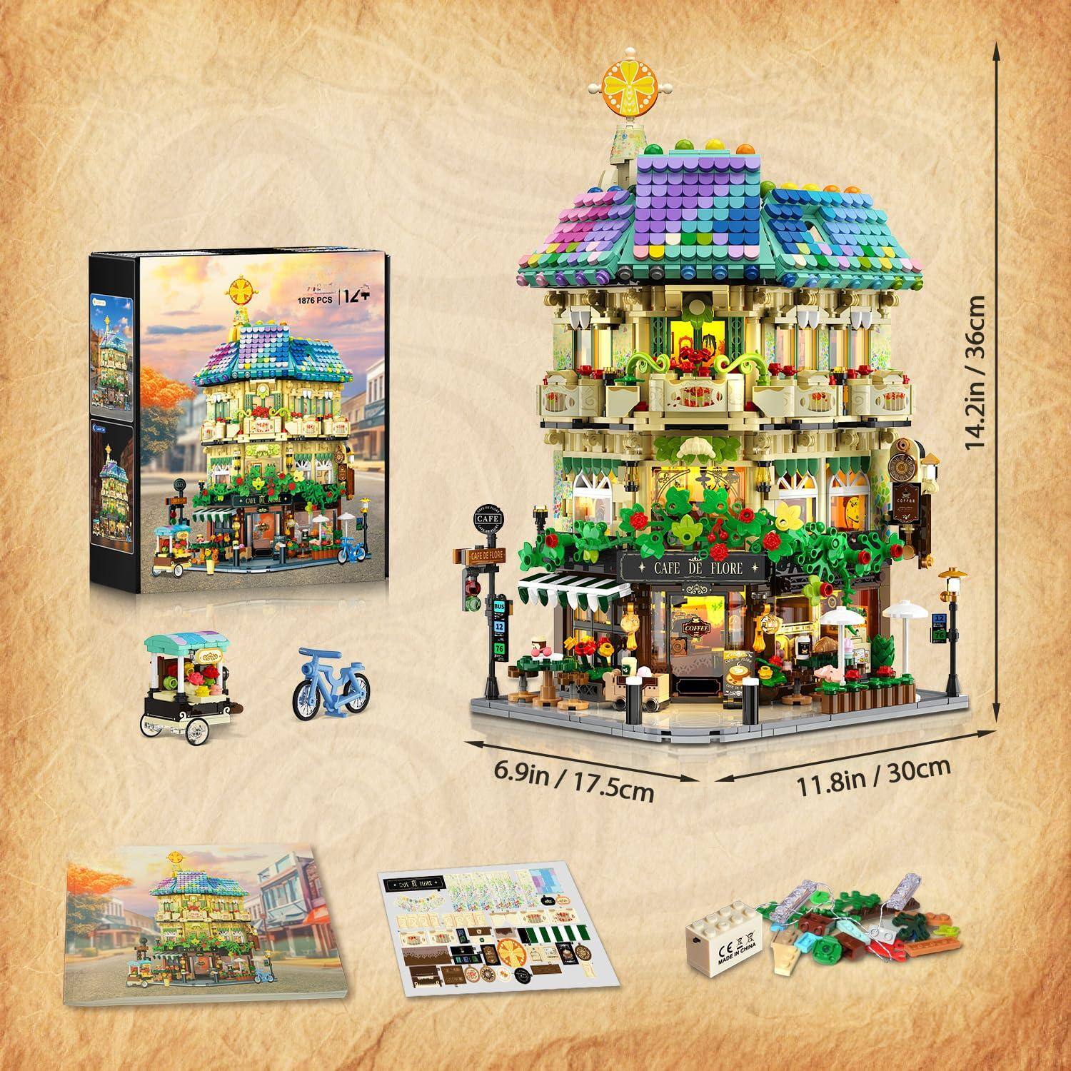 Sure, here is the corrected and grouped text from the image:

---

**LEGO**

**1876 PCS**

**12+**

**CAFE DE FLORE**

**14.2in / 36cm**

**6.9in / 17.5cm**

**11.8in / 30cm**

**11.8in / 30cm**

**LEGO**

**1876 PCS**

**12+**

**CAFE DE FLORE**

**14.2in / 36cm**

**6.9in / 17.5cm**

**11.8in / 30cm**

**11.8in / 30cm**

---

This text includes the LEGO set information, the name of the model ("CAFE DE FLORE"), and the dimensions of the completed model.
