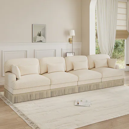 Front. Anysun - 131" Leopard Print Chenille 4-Seater Modular Sofa, Tassel Edge, Ergonomic Deep Seat, Easy Assembly Couch for Living Room - Beige.