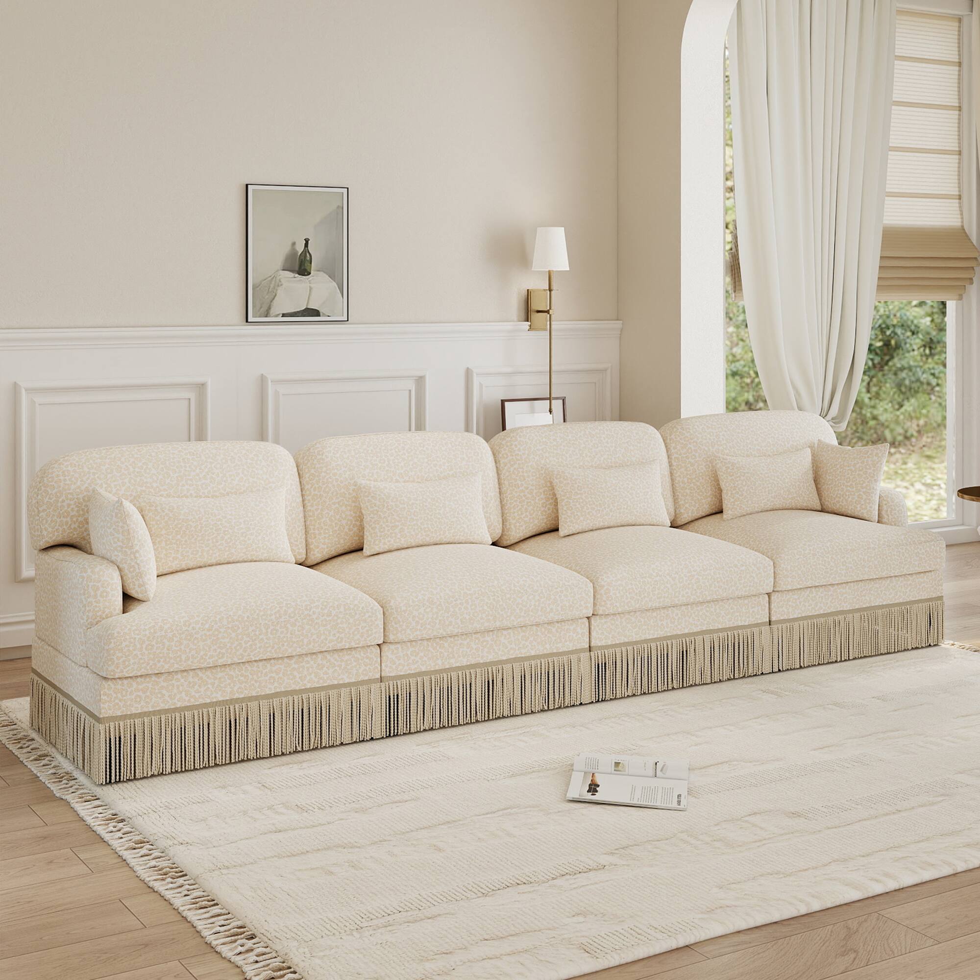 Front. Anysun - 131" Leopard Print Chenille 4-Seater Modular Sofa, Tassel Edge, Ergonomic Deep Seat, Easy Assembly Couch for Living Room - Beige.