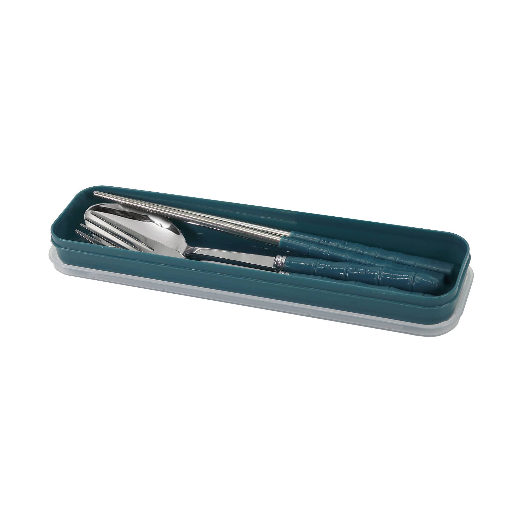 Back. all - 10x Eco-Friendly Stainless Steel Cutlery Set – Spoon, Fork & Chopsticks in Convenient Case for Students and Travel.