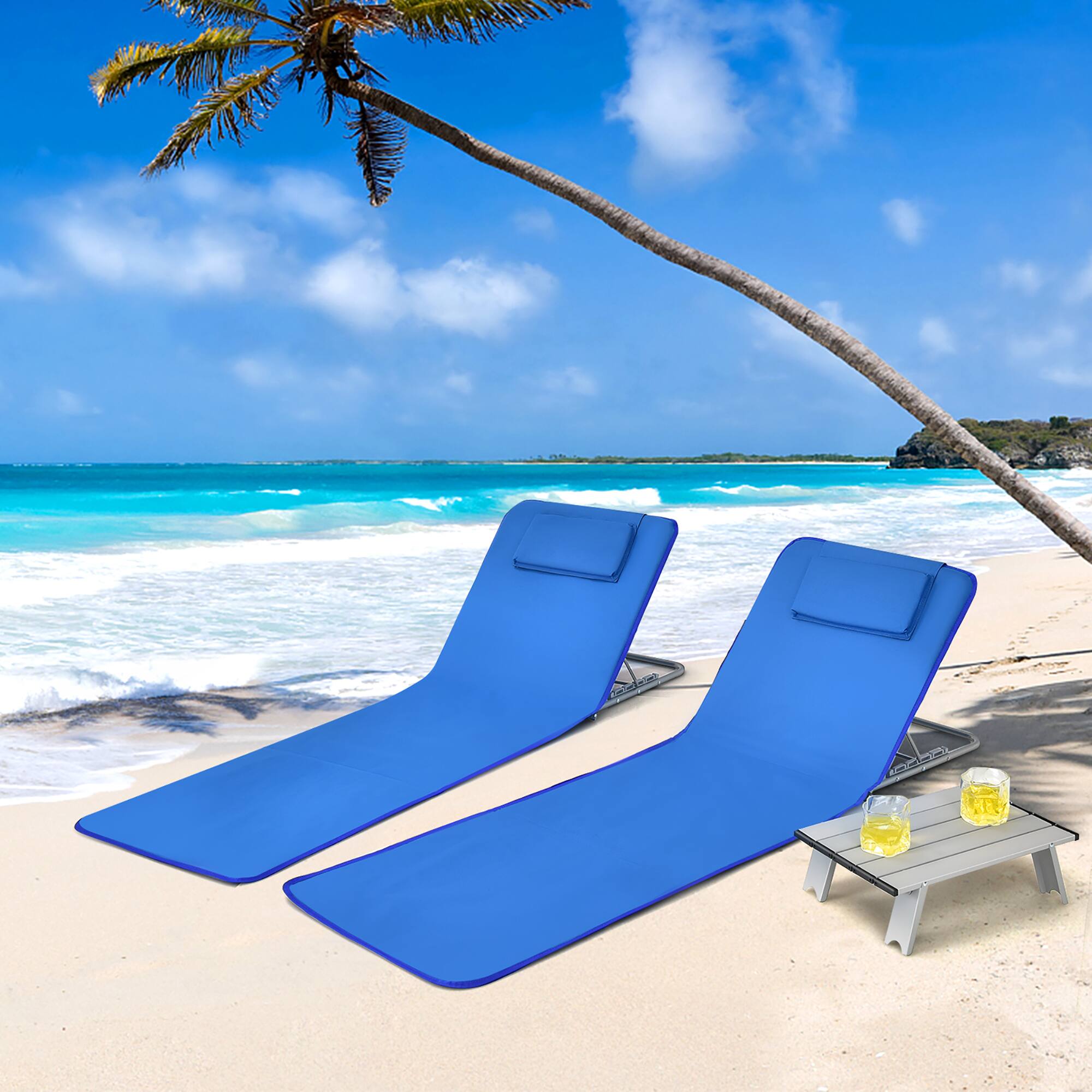 Alt View 1. Costway - Costway 3-Piece Beach Lounge Chair Mat Set 2 Adjustable Lounge Chairs with Table - Blue.