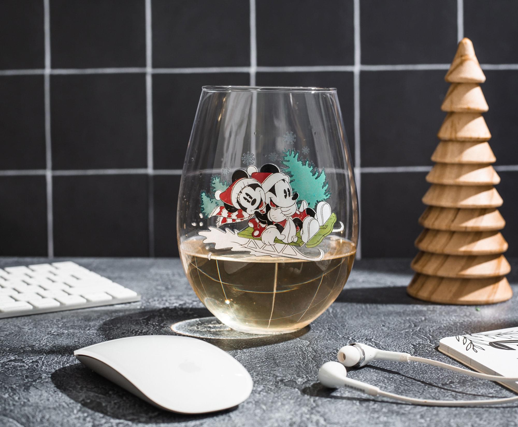 Alt View 5. Silver Buffalo - Disney Mickey and Minnie Christmas Sled Stemless Wine Glass | Holds 34 Ounces - Red.