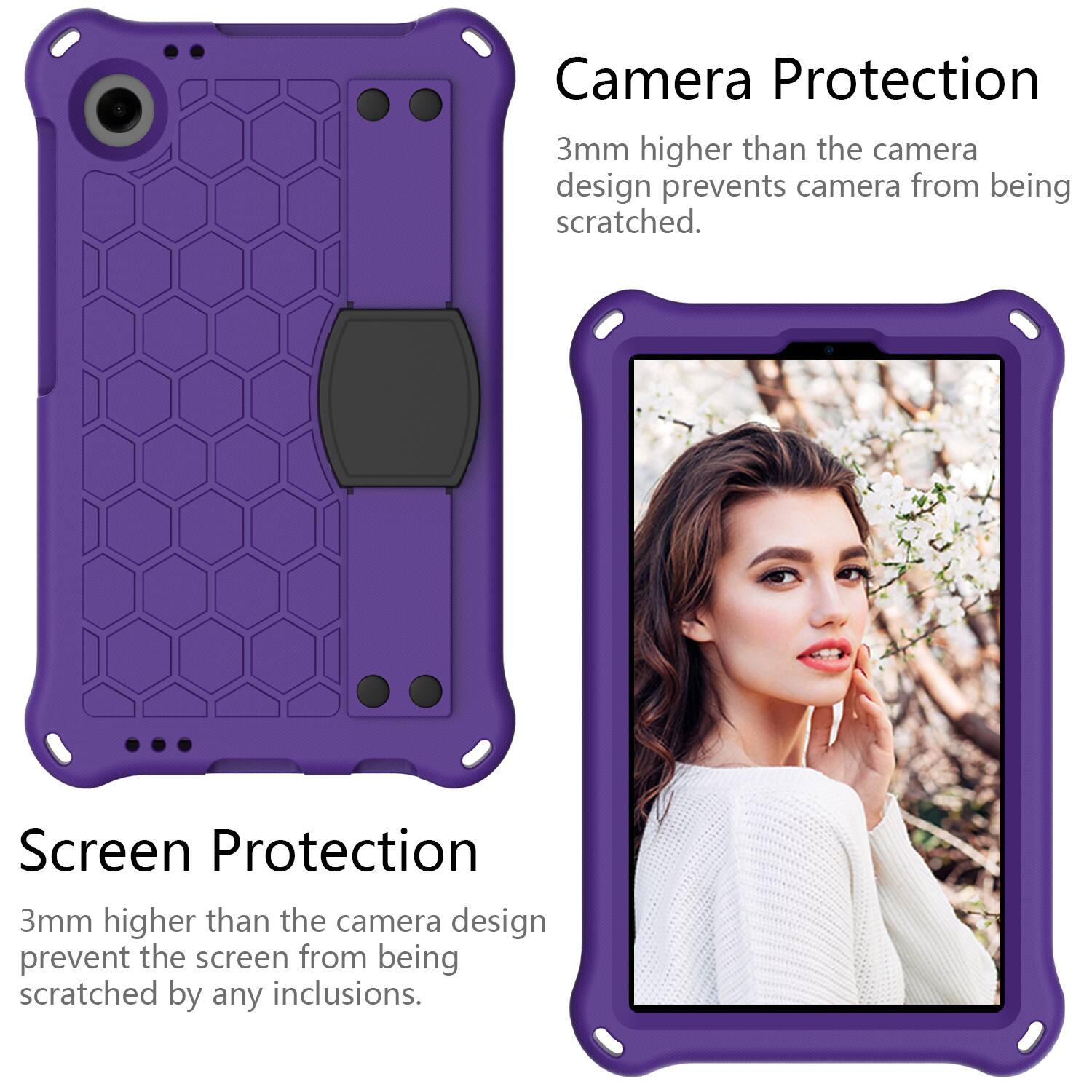 Camera Protection  
3mm higher than the camera design prevents camera from being scratched.  

Screen Protection  
3mm higher than the camera design prevent the screen from being scratched by any inclusions.