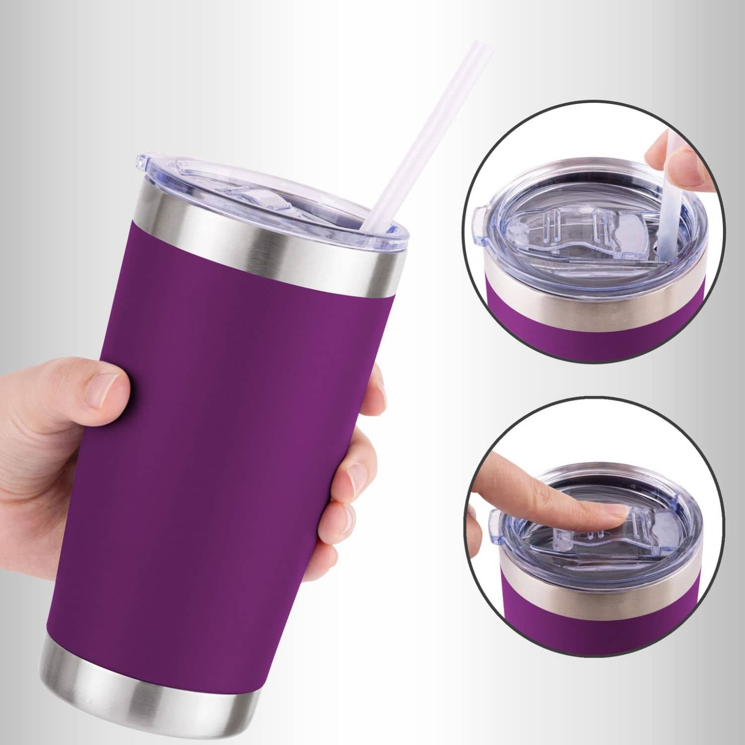 Angle. Zulay Kitchen - Zulay Kitchen 20oz Double Walled Insulated Tumbler with Lid and Straw - Plum.