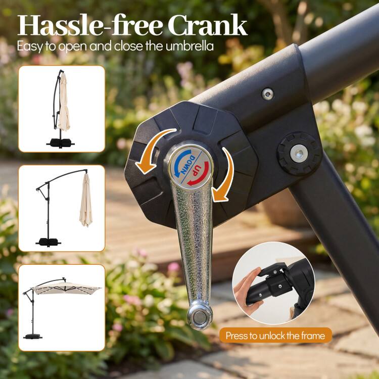 Hassle-free Crank  
Easy to open and close the umbrella  
DOWIN UP  
Press to unlock the frame