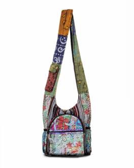 Kathmandu Collection - Vintage Patchwork Hobo Bag with Water Bottle Pockets - Patchwork Multicolor