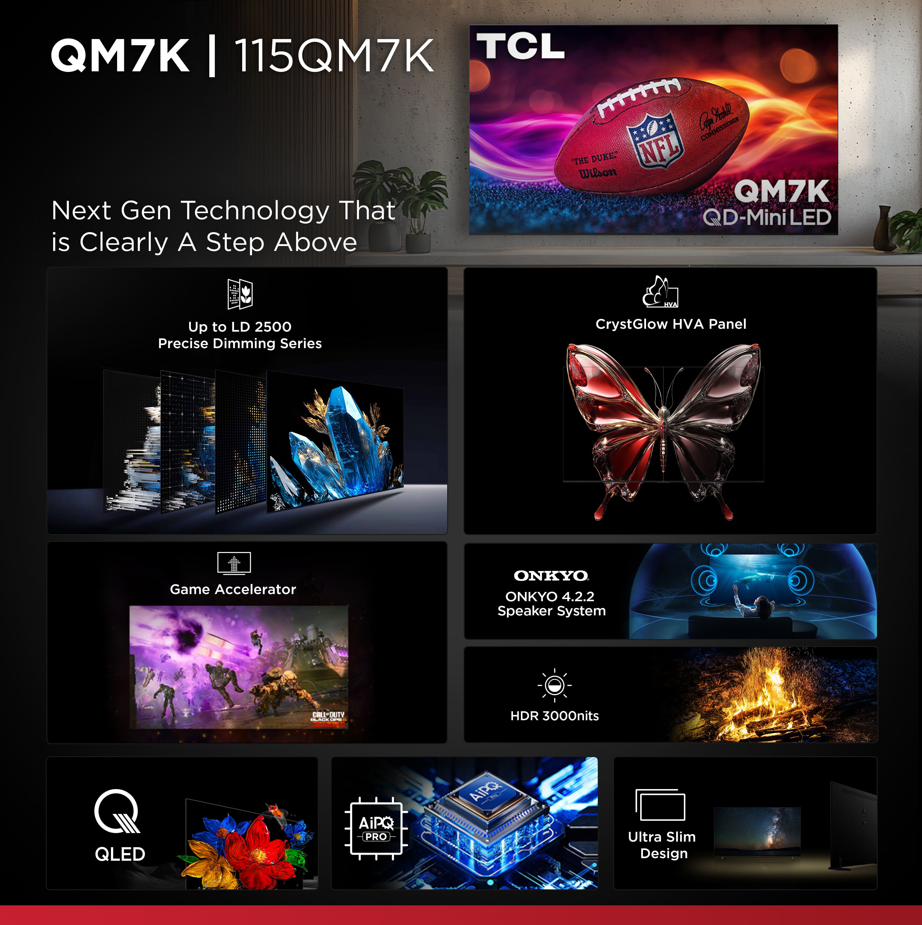 The image shows a display of various electronic products, including a TV, a laptop, and a cell phone. The TV is prominently featured in the display, with a football-themed advertisement in the background. The laptop and cell phone are also displayed, showcasing the latest technology and features. The display is likely intended to attract customers and demonstrate the capabilities of these products.