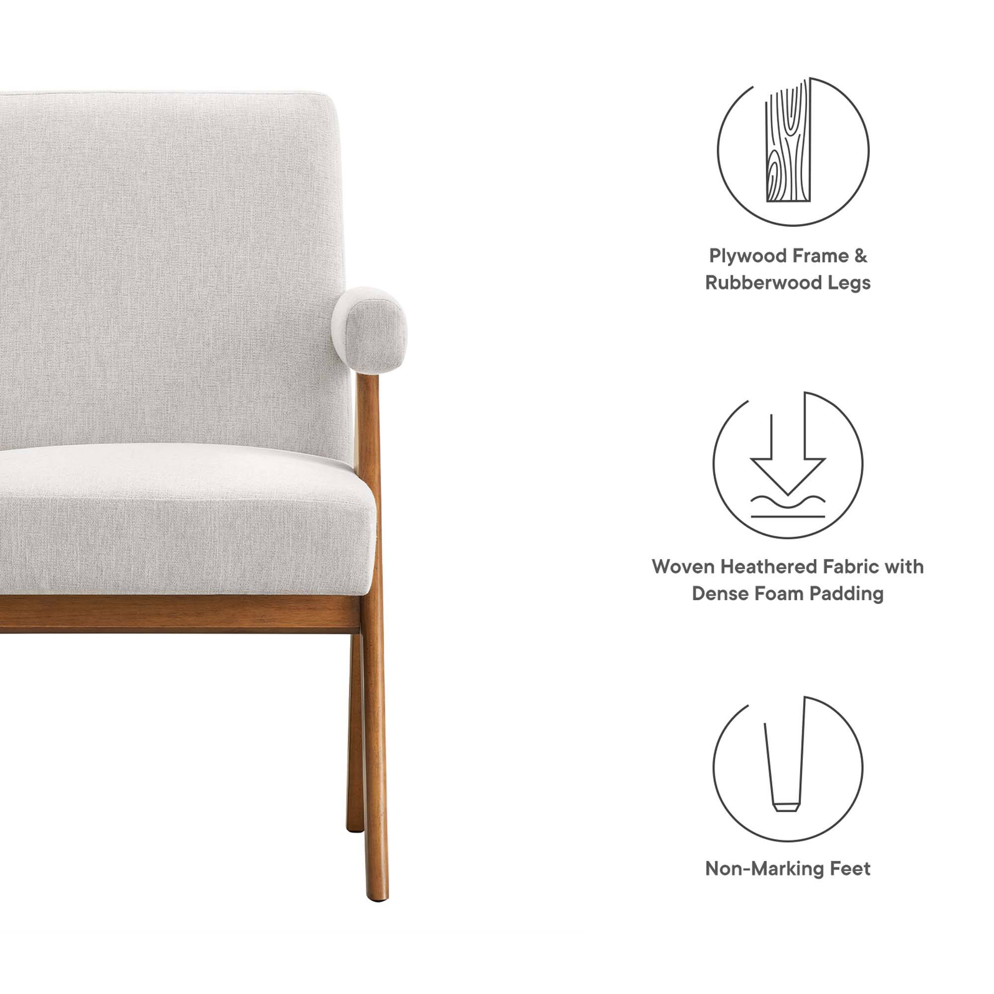 Plywood Frame & Rubberwood Legs  
Woven Heathered Fabric with Dense Foam Padding  
Non-Marking Feet