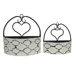 Special T Imports - Large & Small Galvanized Metal Rustic Wall Pocket Planters Heart Hanging Decor Set of 2 - White
