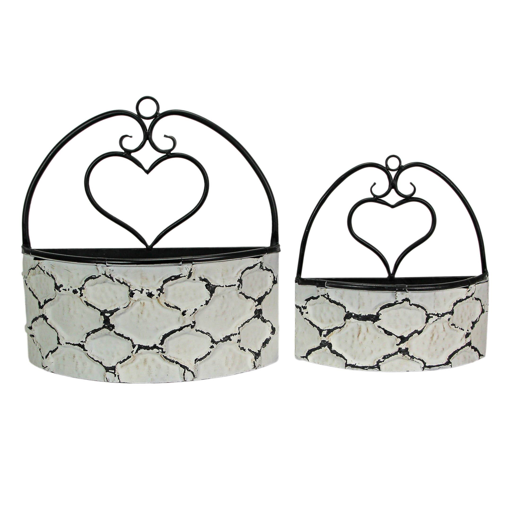 Front. Special T Imports - Large & Small Galvanized Metal Rustic White Wall Pocket Planters Heart Hanging Decor Set of 2 - White.